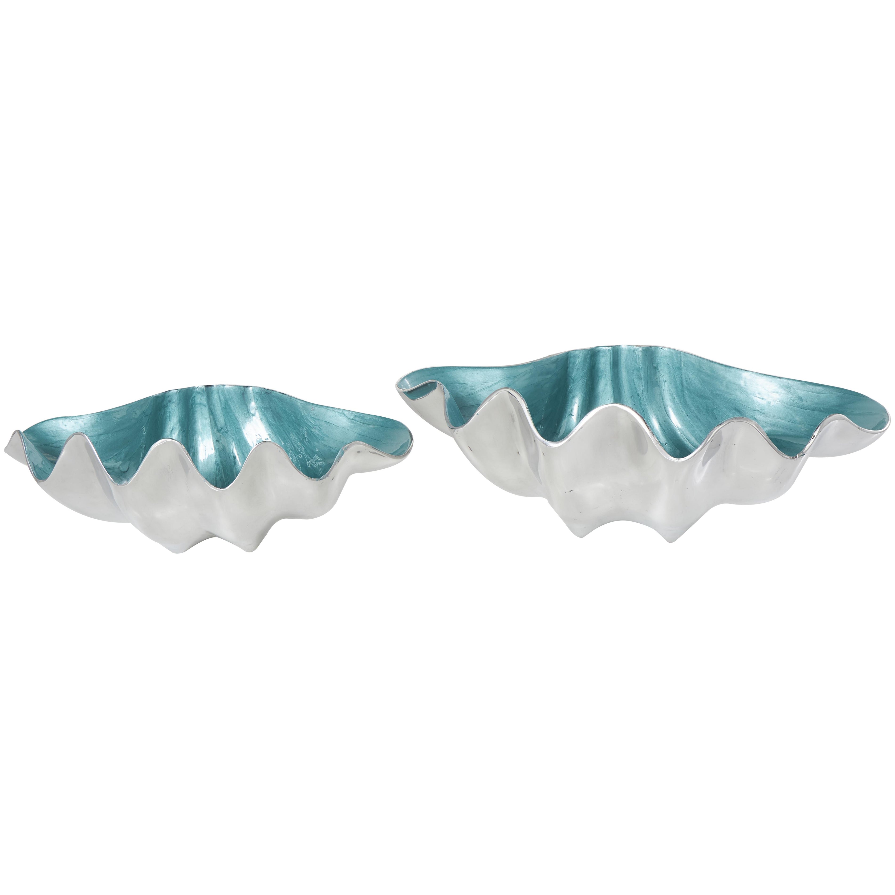 Set of 2 Shell Aluminum Metal Enameled Large Decorative Bowl with Silver Metal Exterior