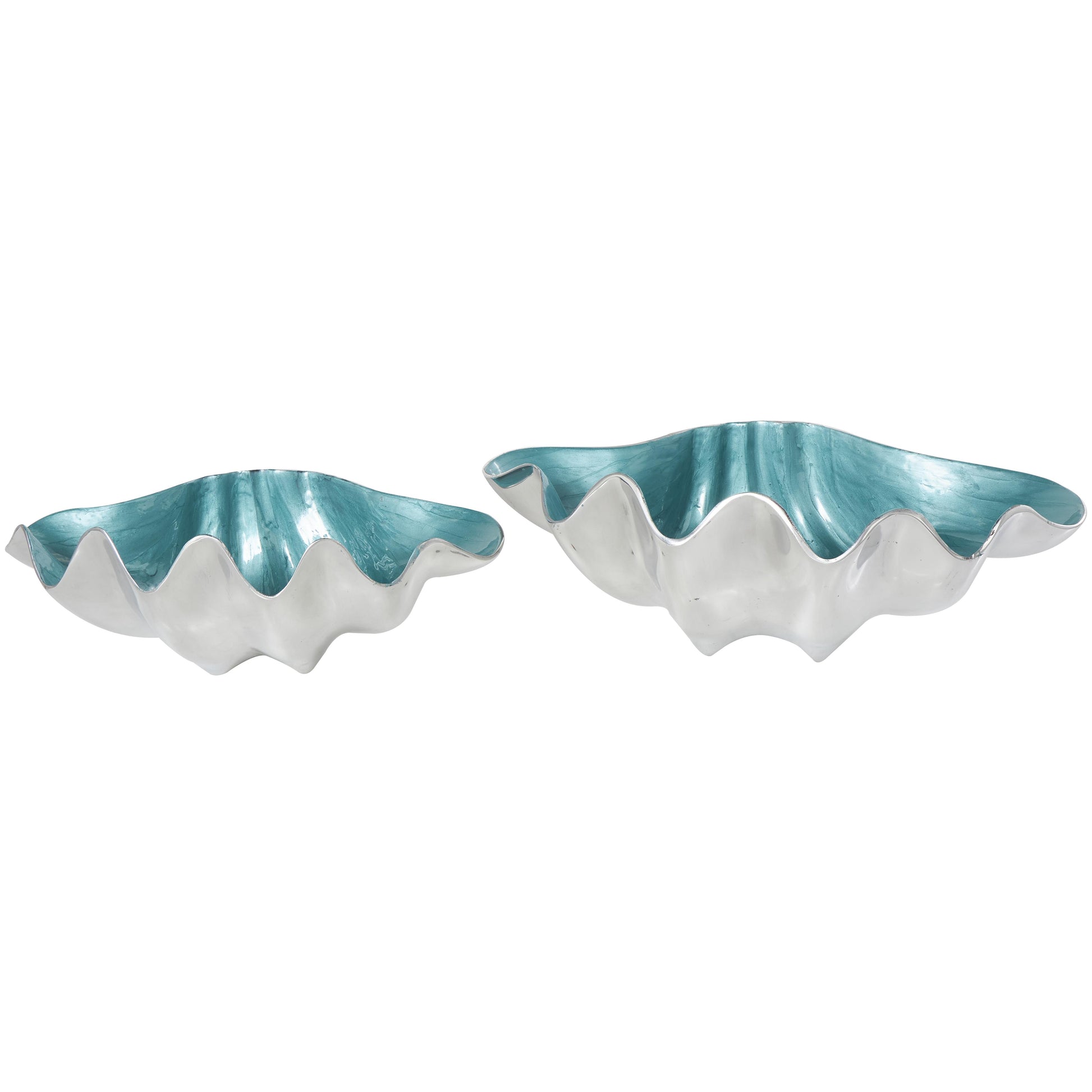 Set of 2 Shell Aluminum Metal Enameled Large Decorative Bowl with Silver Metal Exterior