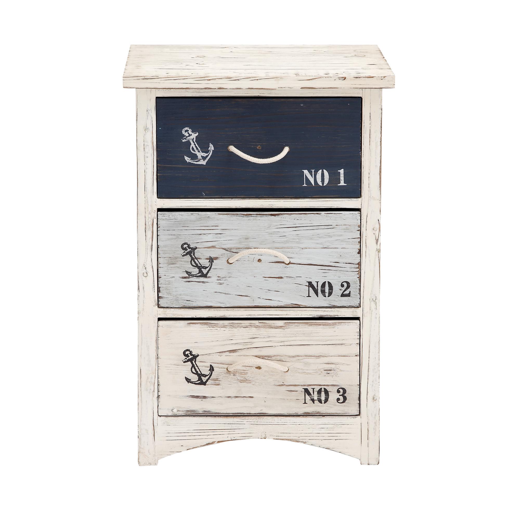 Anchor Blue Wooden Small Distressed Room Chest with 3 Numbered Drawers and Rope Handles