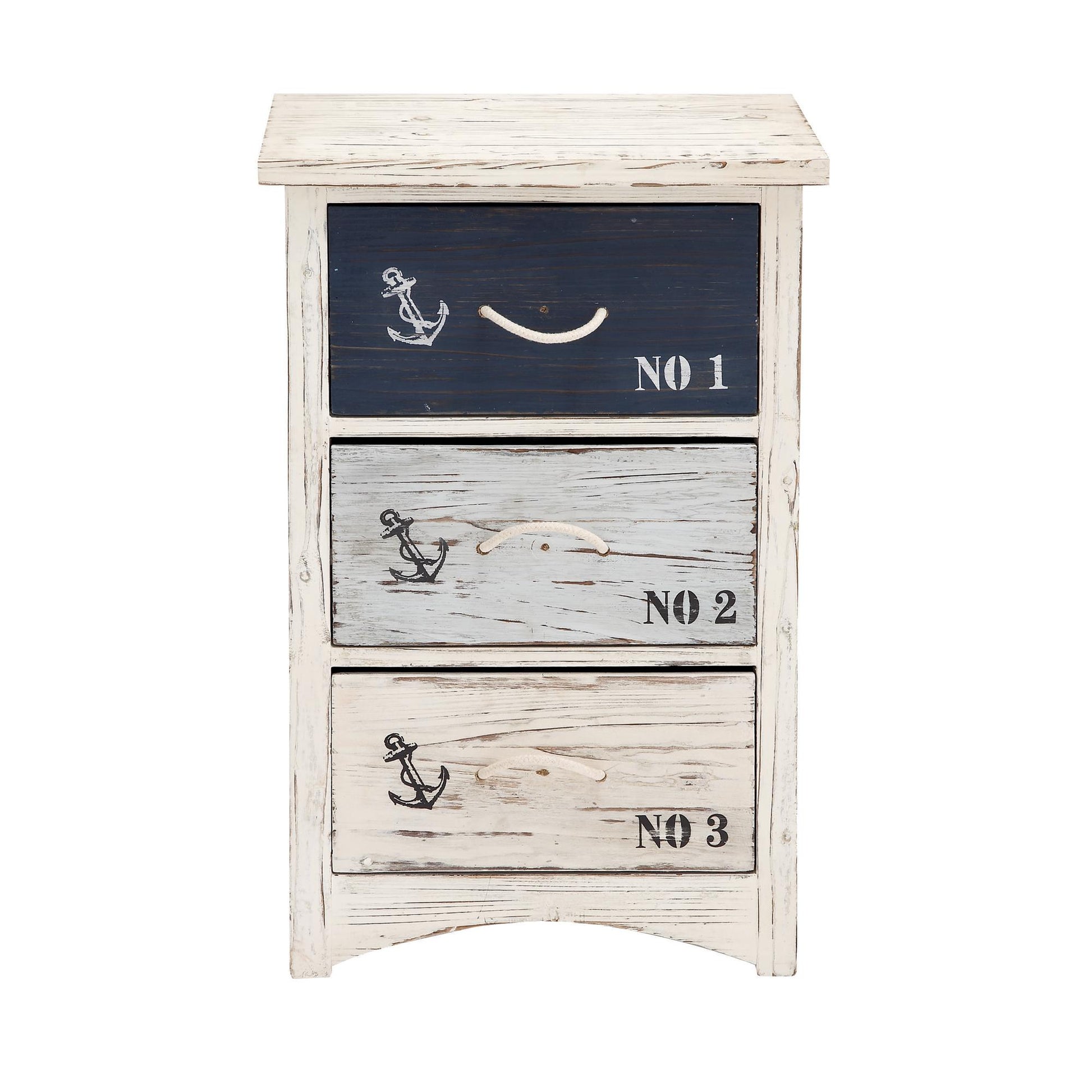 Anchor Blue Wooden Small Distressed Room Chest with 3 Numbered Drawers and Rope Handles