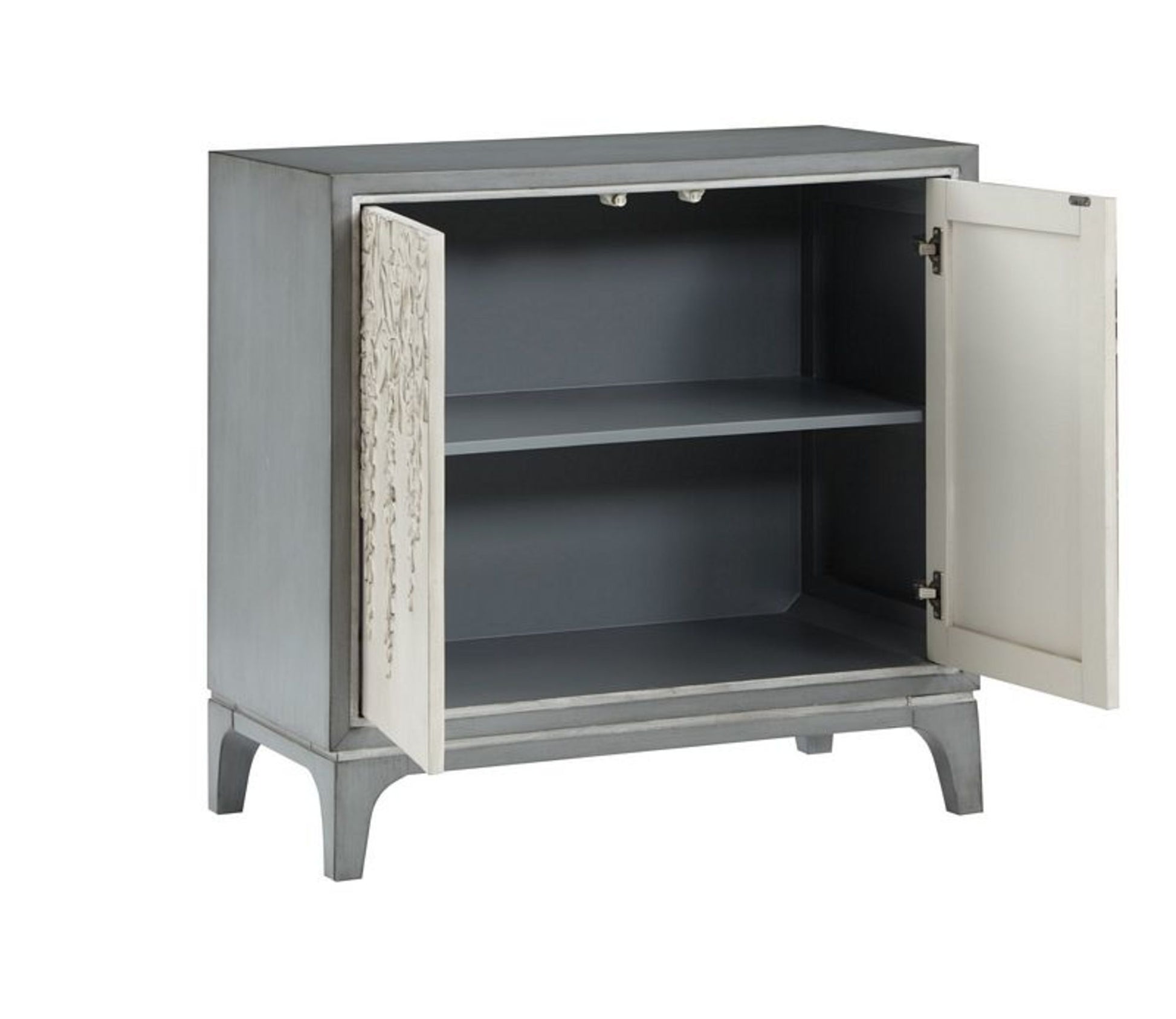 Floral Gray Wooden Relief 2 Door Room Cabinet with Cream Front Doors and Cascading Leaf Design