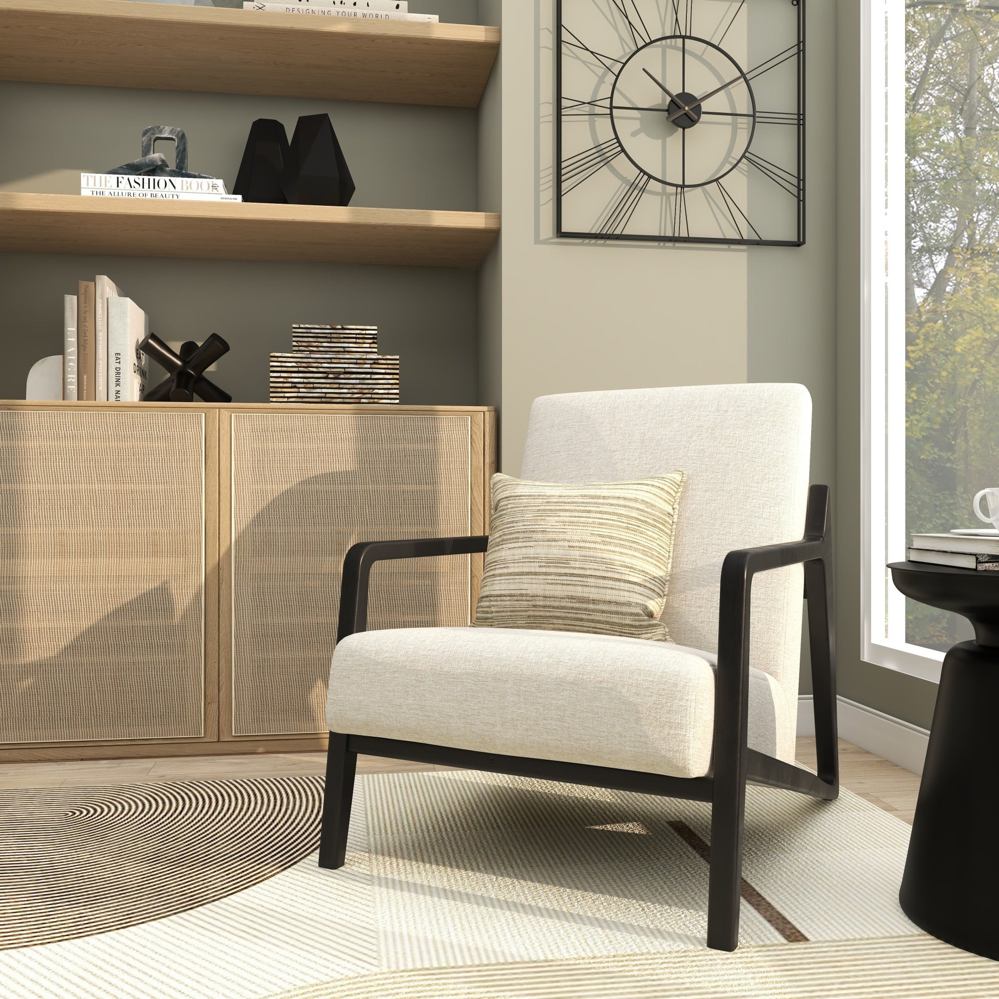 Cream Polyester Mid Century Modern Boucle Living Room Accent Chair with Black Wood Frame