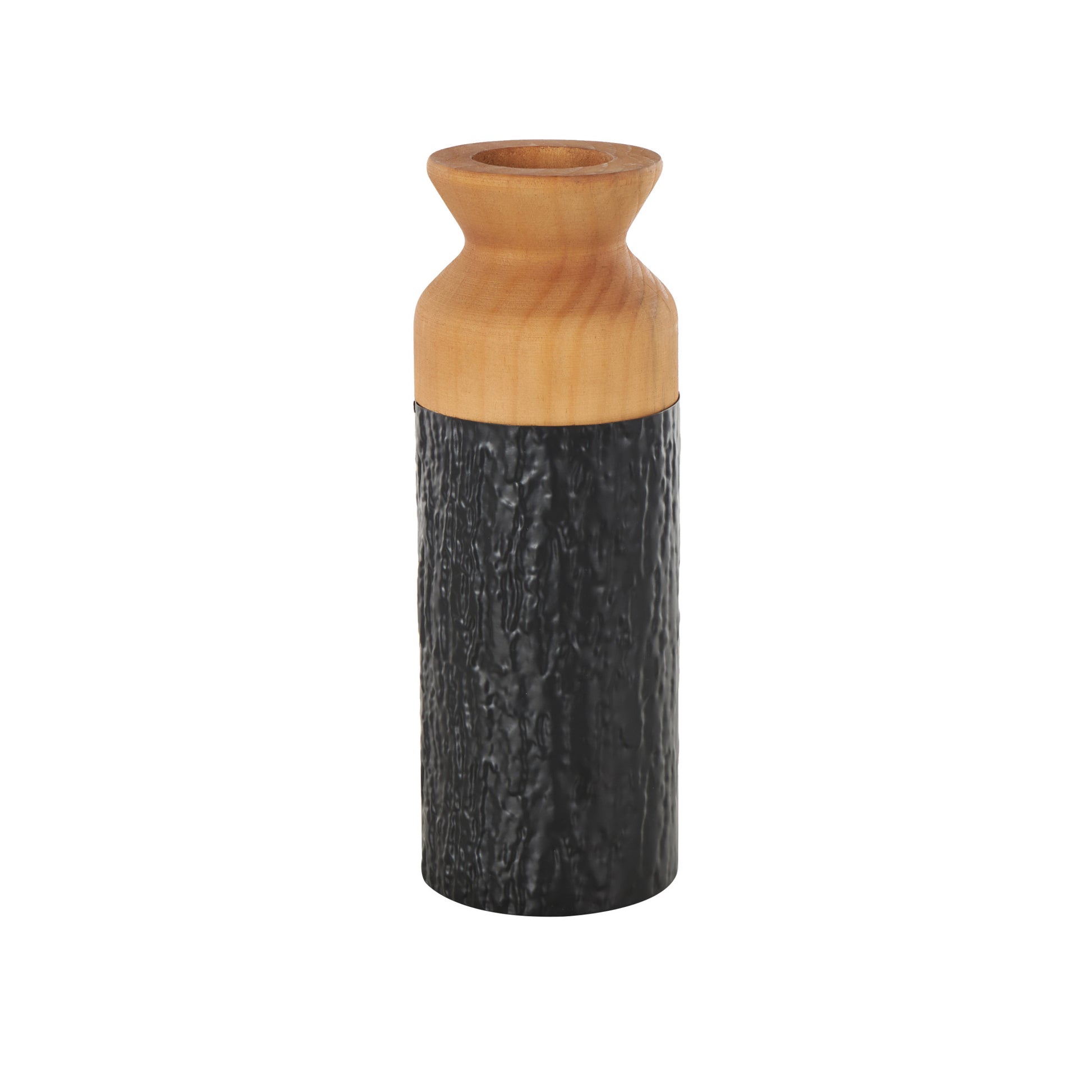 Set of 2 Metal Abstract Textured Color Block Decorative Vase with Brown Wood Tops