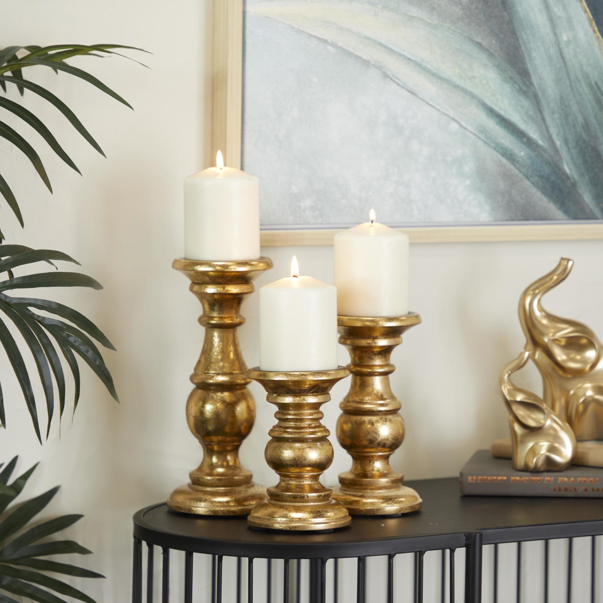 Set of 3 Mango Wood Distressed Turned Pillar Decorative Candle Holder