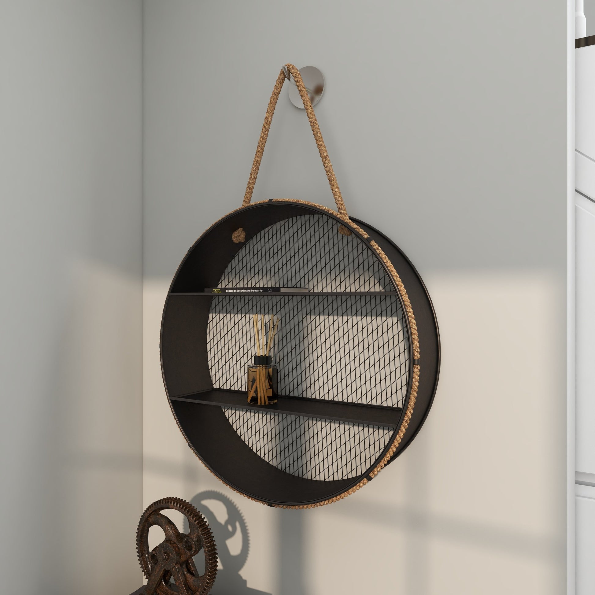 Black Metal Round 2 Shelves Room Wall Shelf with Hanging Rope