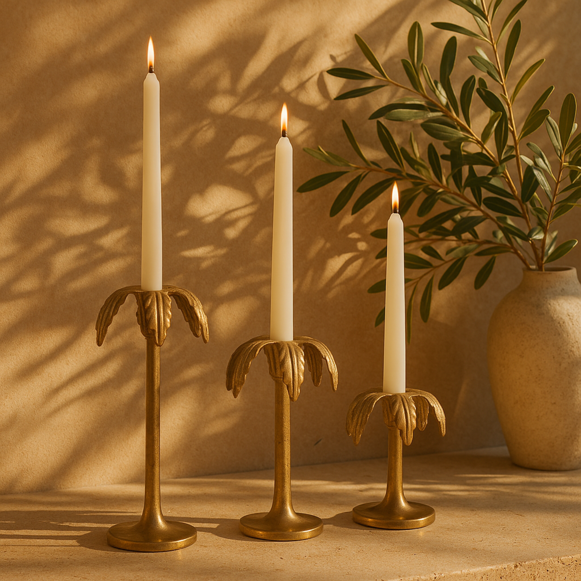 Set of 3 Gold Aluminum Metal Palm Tree Decorative Candle Holder
