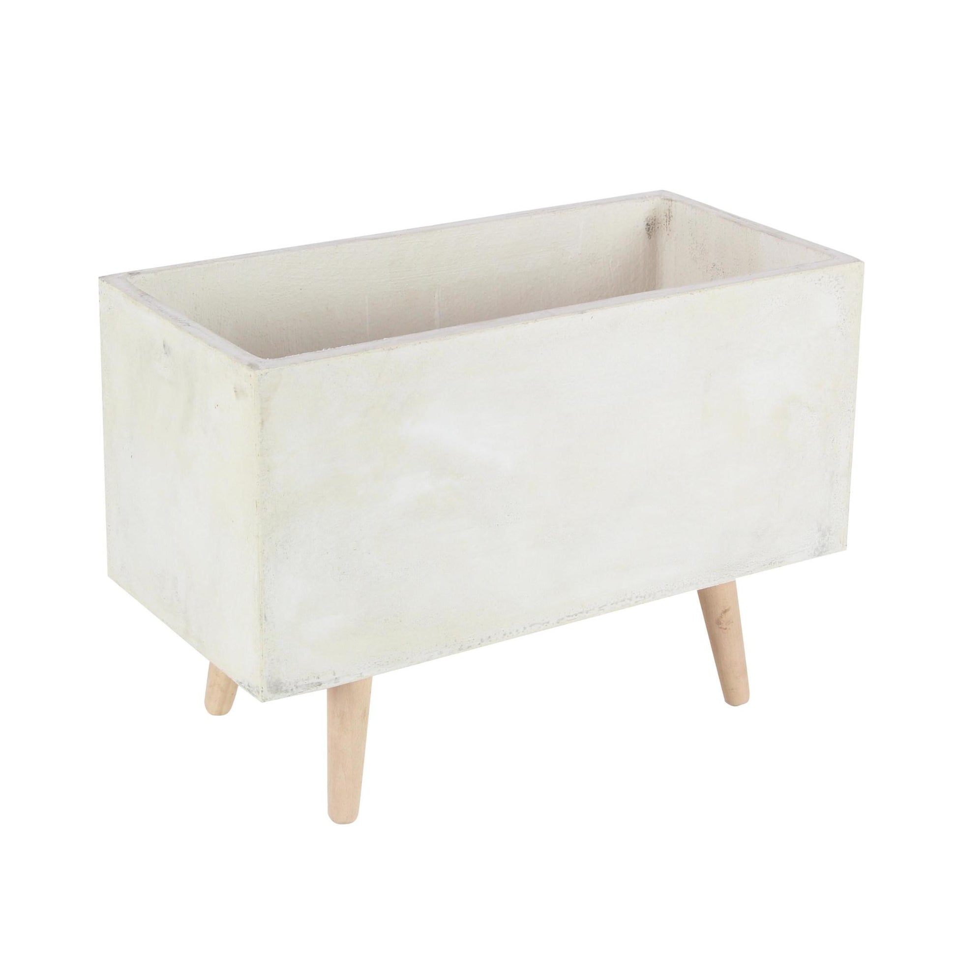 Set of 2 White Fiberclay Ceramic Rectangular Indoor Outdoor Planter with Brown Wooden Legs