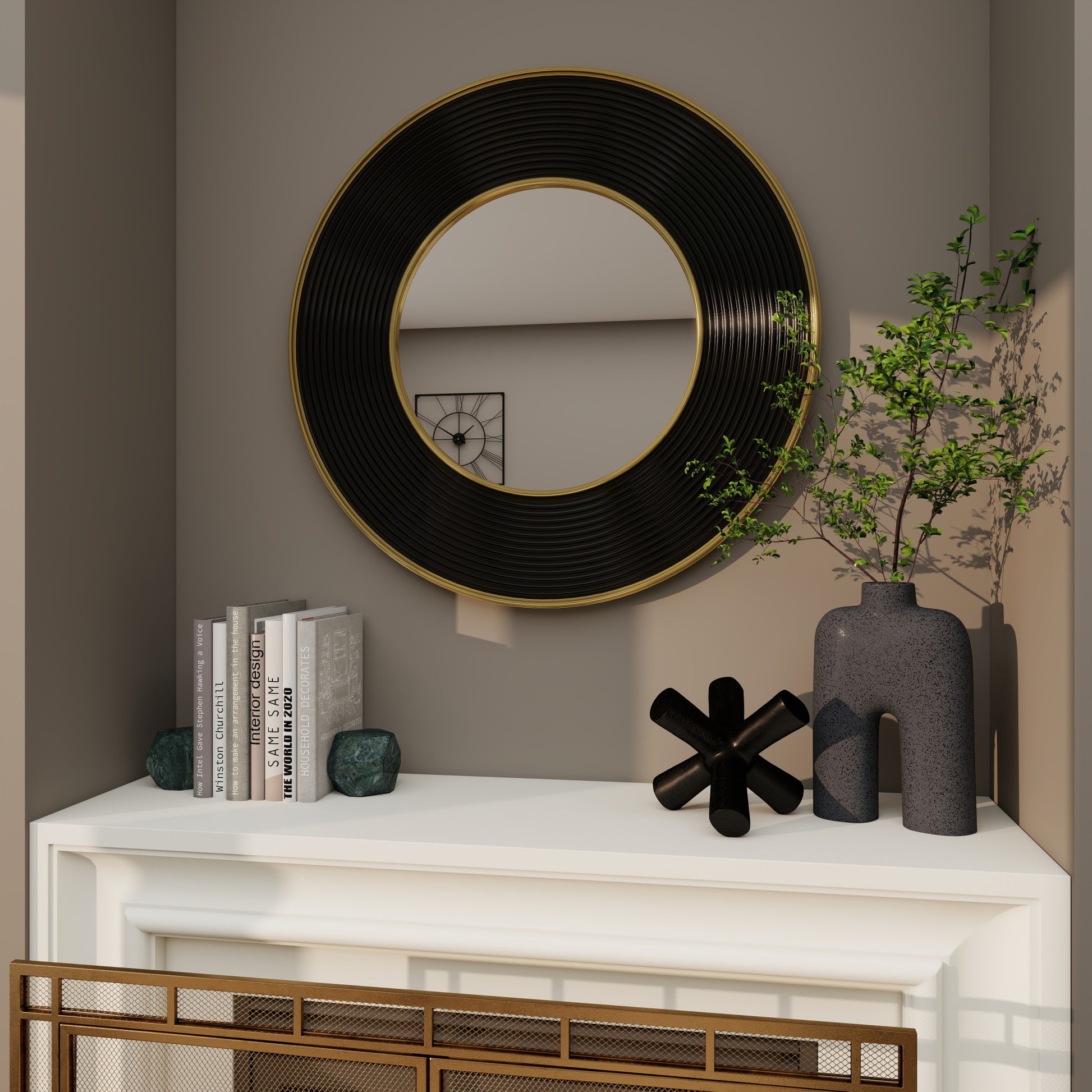 CosmoLiving by Cosmopolitan Black Metal Ribbed Room Wall Mirror with Gold Edges
