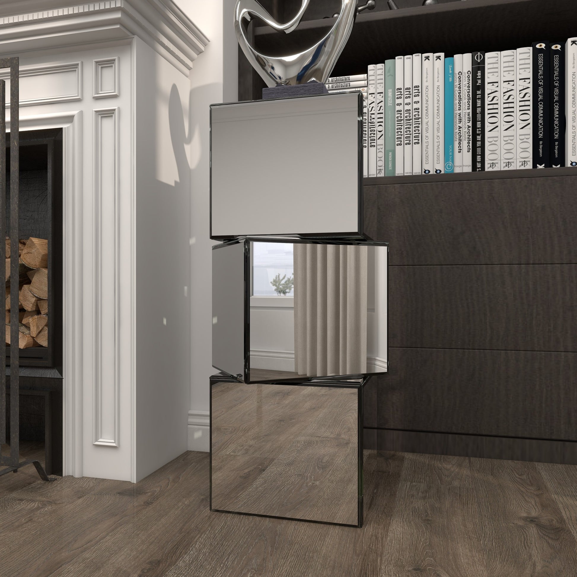 Silver Glass Mirrored Stacked Cube Side End Pedestal Table with Glass Front Panels