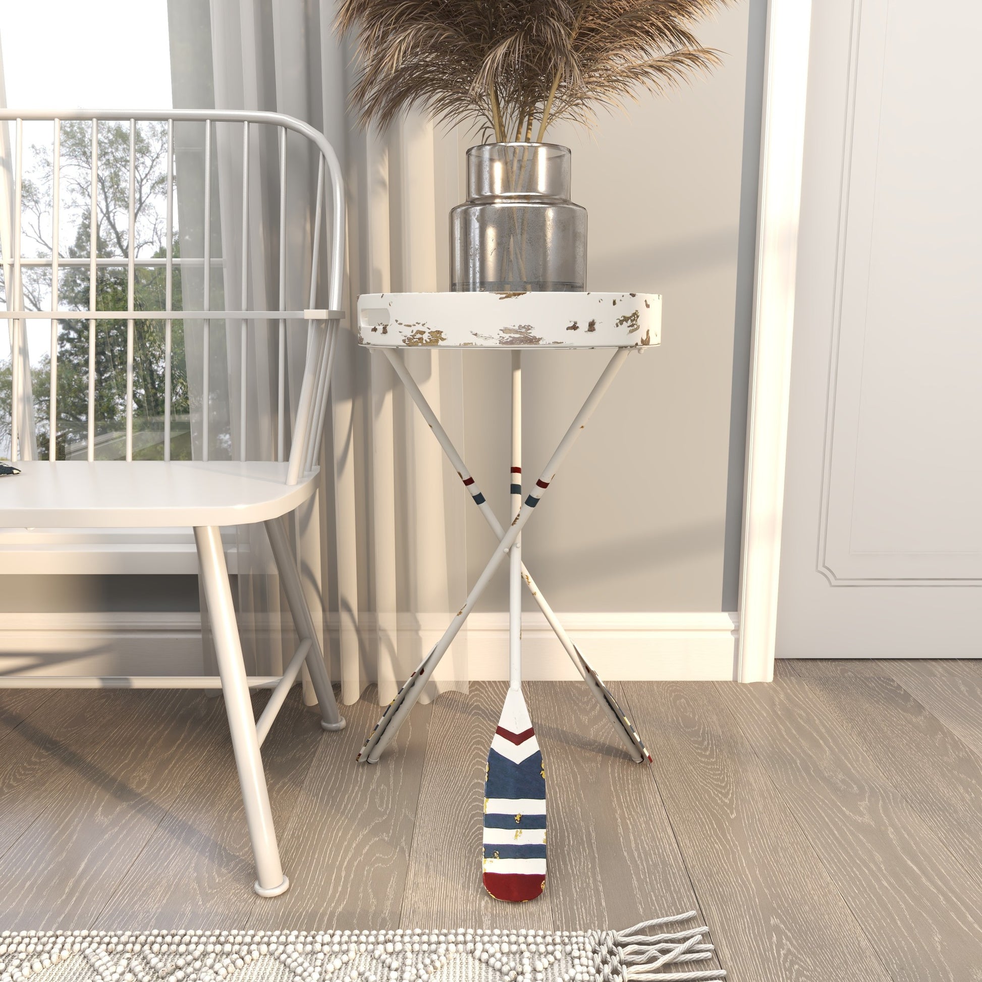 Paddle White Metal Distressed Striped Side End Accent Table with Navy and Red Striped Oar Legs