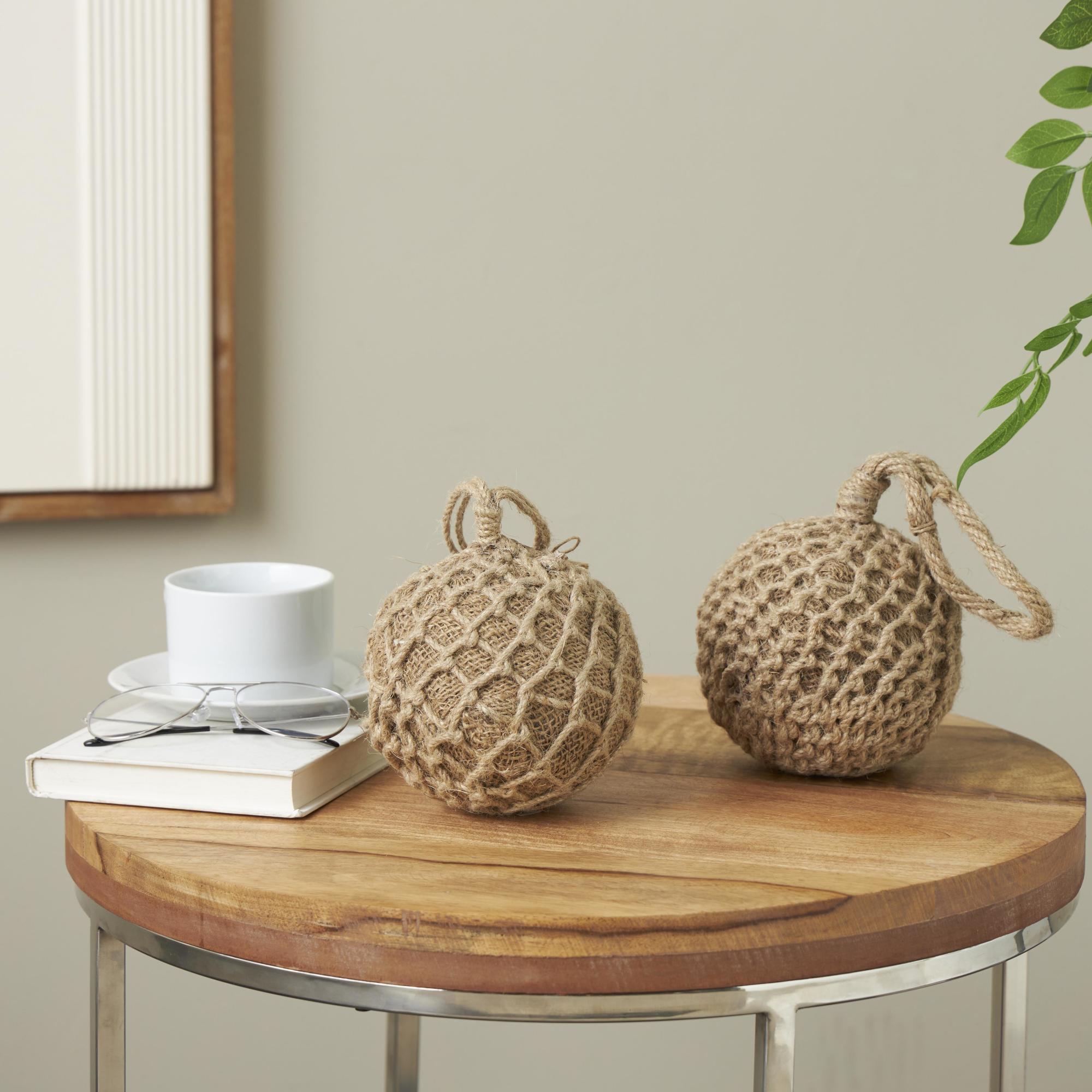 Set of 2 Knot Brown Cement Stone Handmade Woven Layered Orb Decorative Sculpture with Handles