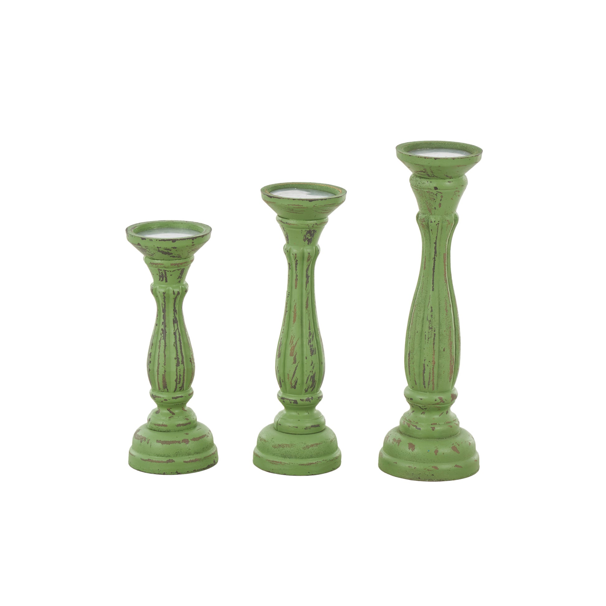 Set of 3 Wooden Distressed Turned Pillar Decorative Candle Holder