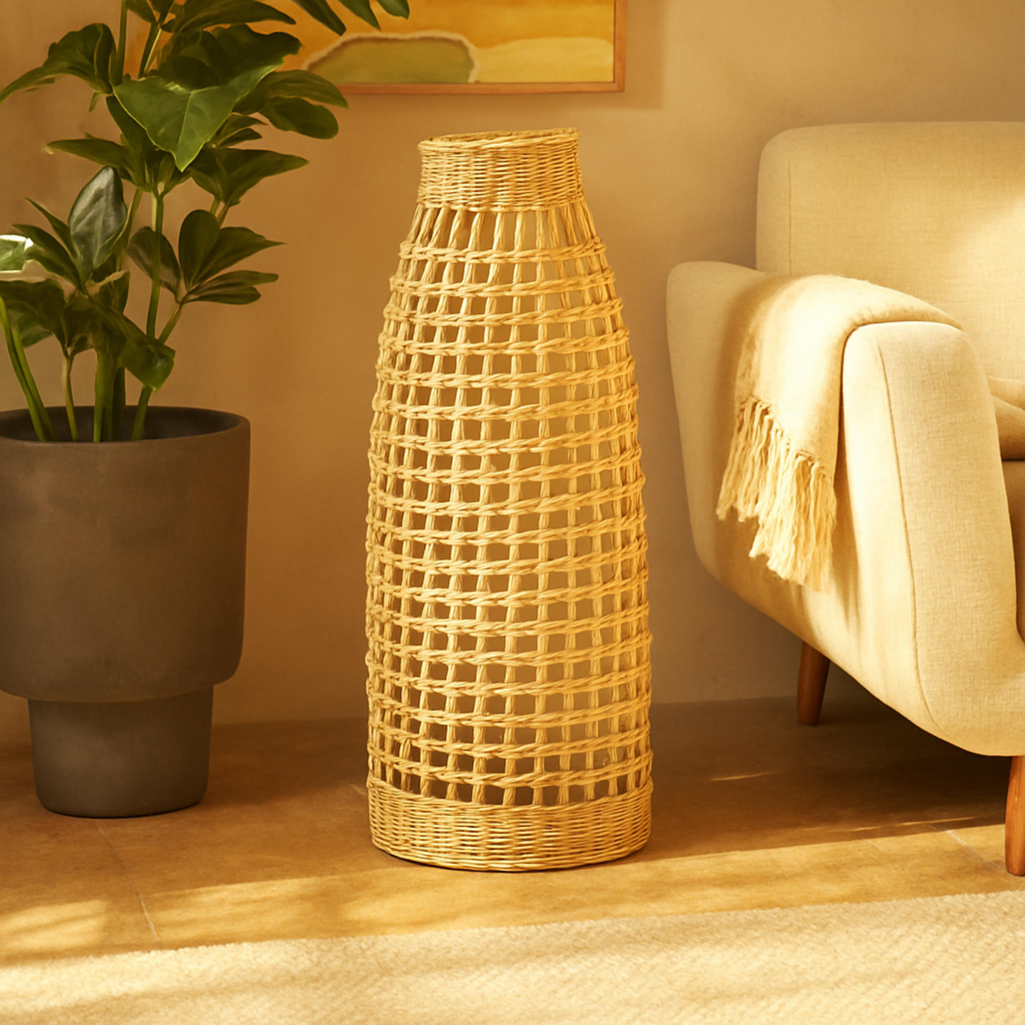 Brown Rattan Handmade Woven Decorative Vase with Open Framed Grid Design