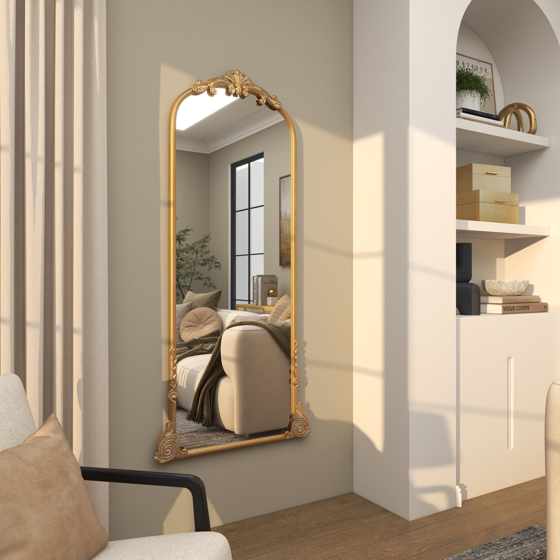 Scroll Gold Metal Tall Ornate Arched Baroque Room Floor Mirror