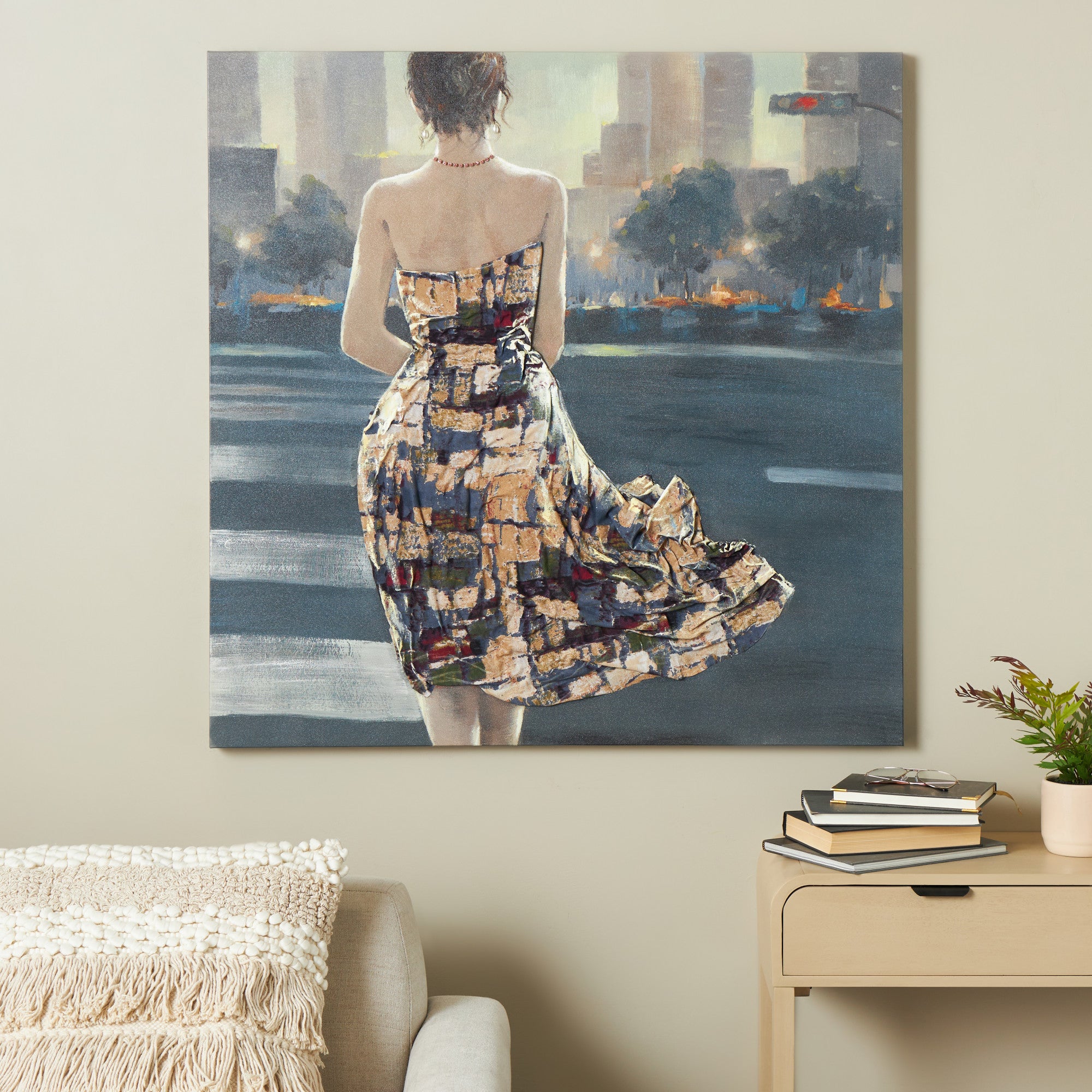 Woman Multi Colored Canvas Decorative Wall Art with 3D Multicolor Fabric Dress and Pink Necklace