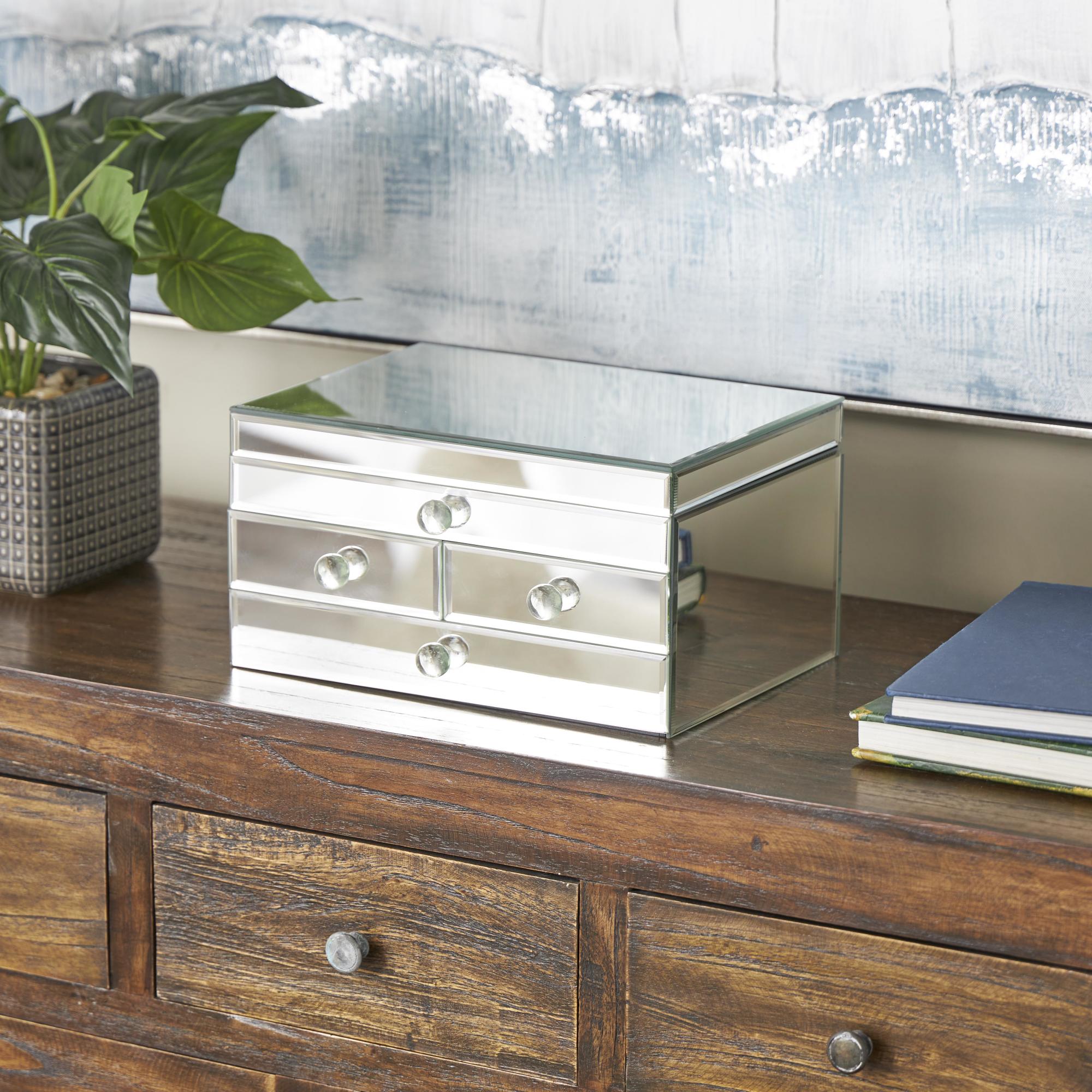 Silver Glass Mirrored 4 Drawer Decorative Jewelry Box with Flip Top Storage