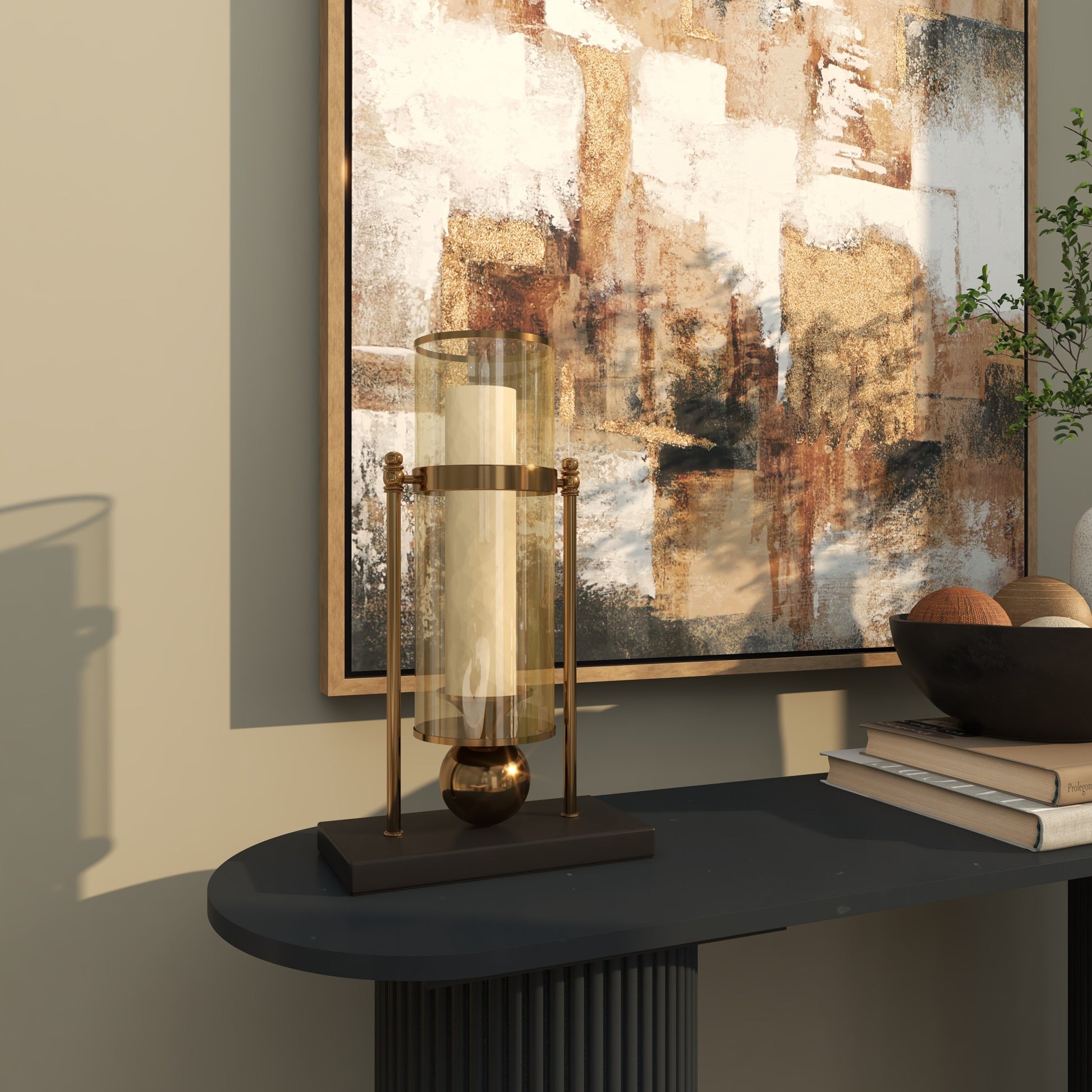 CosmoLiving by Cosmopolitan Gold Metal Iridescent Pillar Room Hurricane Lamp with Ball Accent and Black Base