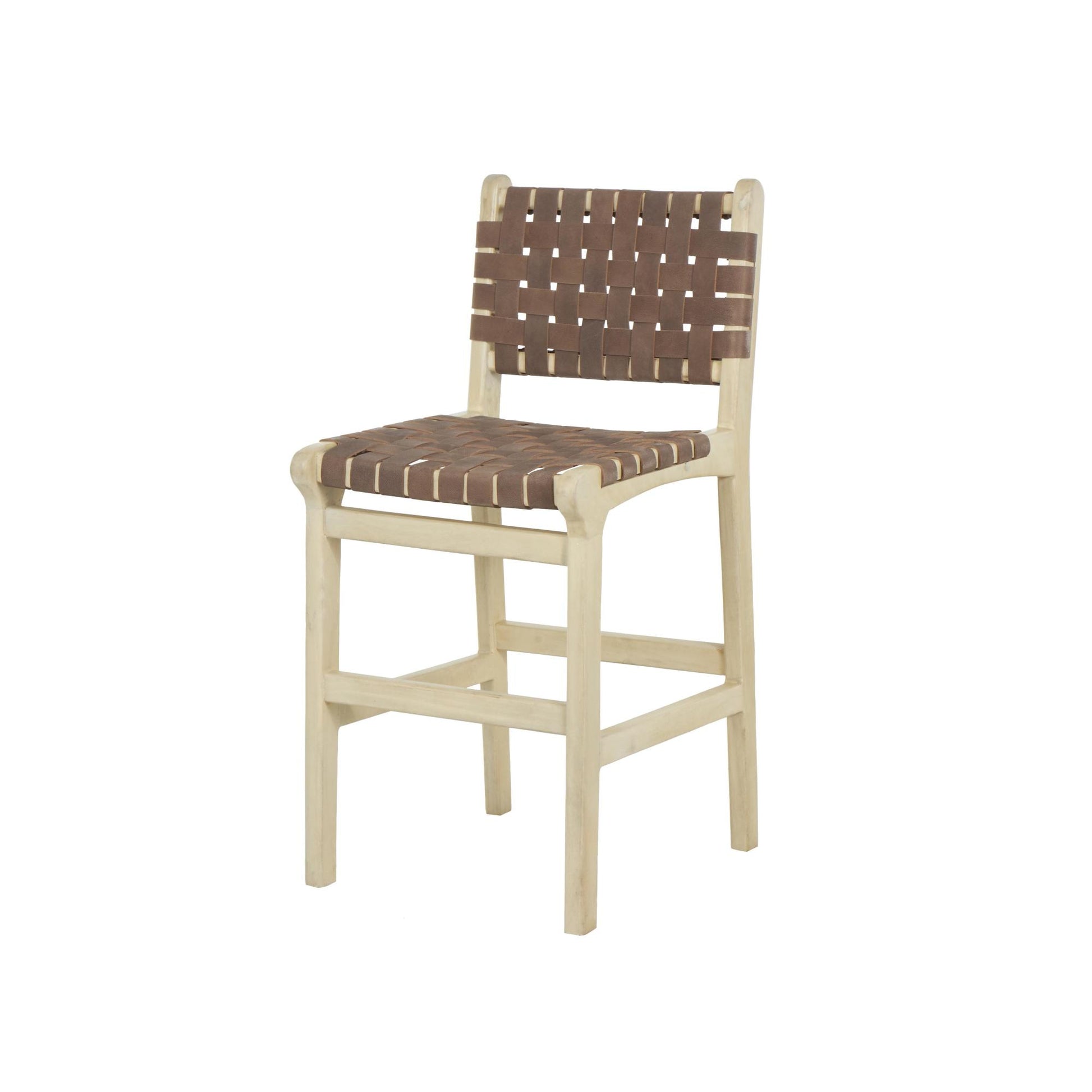 Mango Wood Handmade Woven Kitchen Bar Stool with with Backrest and Footrest