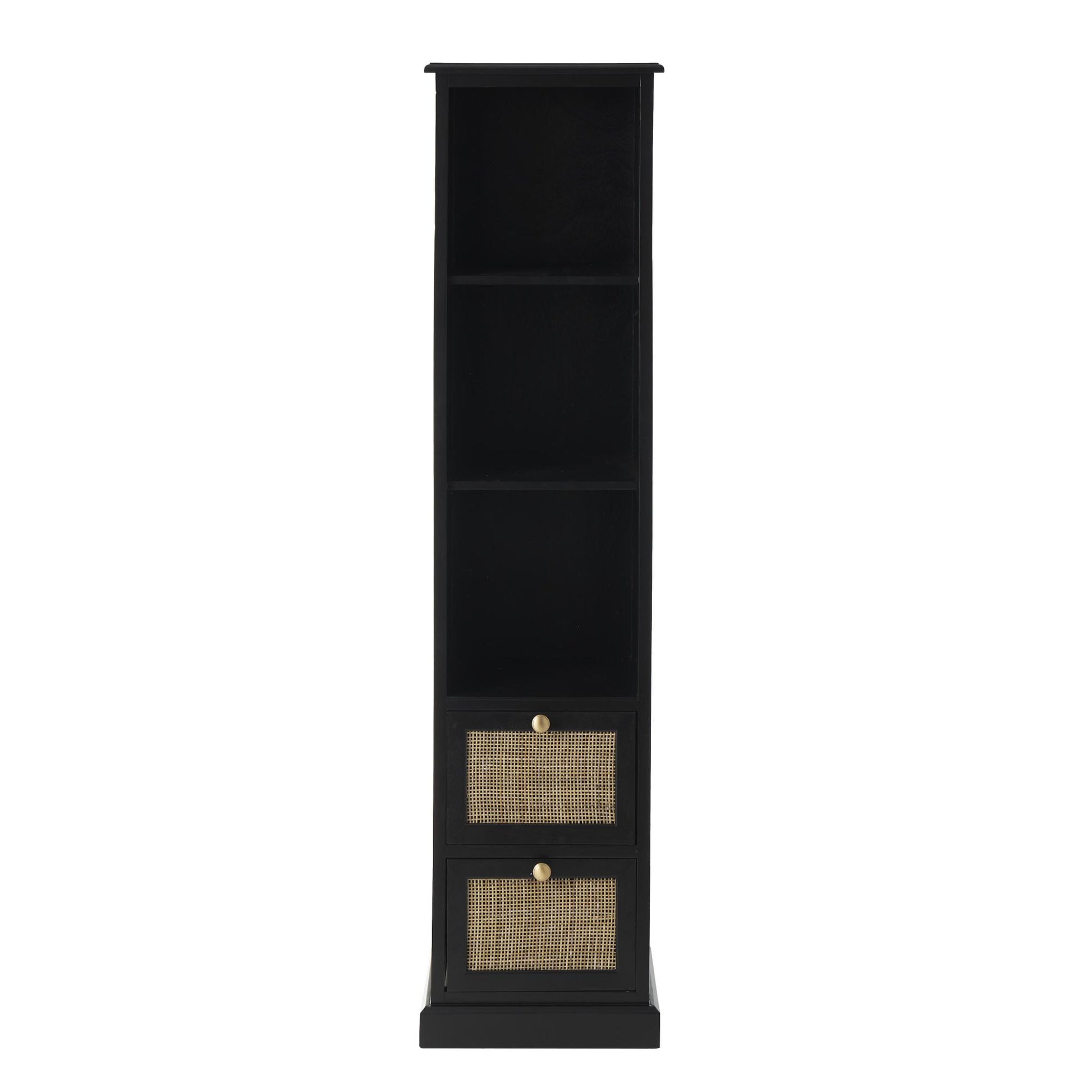 Black Wood 2 Drawer and 3 Shelf Room Cabinet with Rattan Front