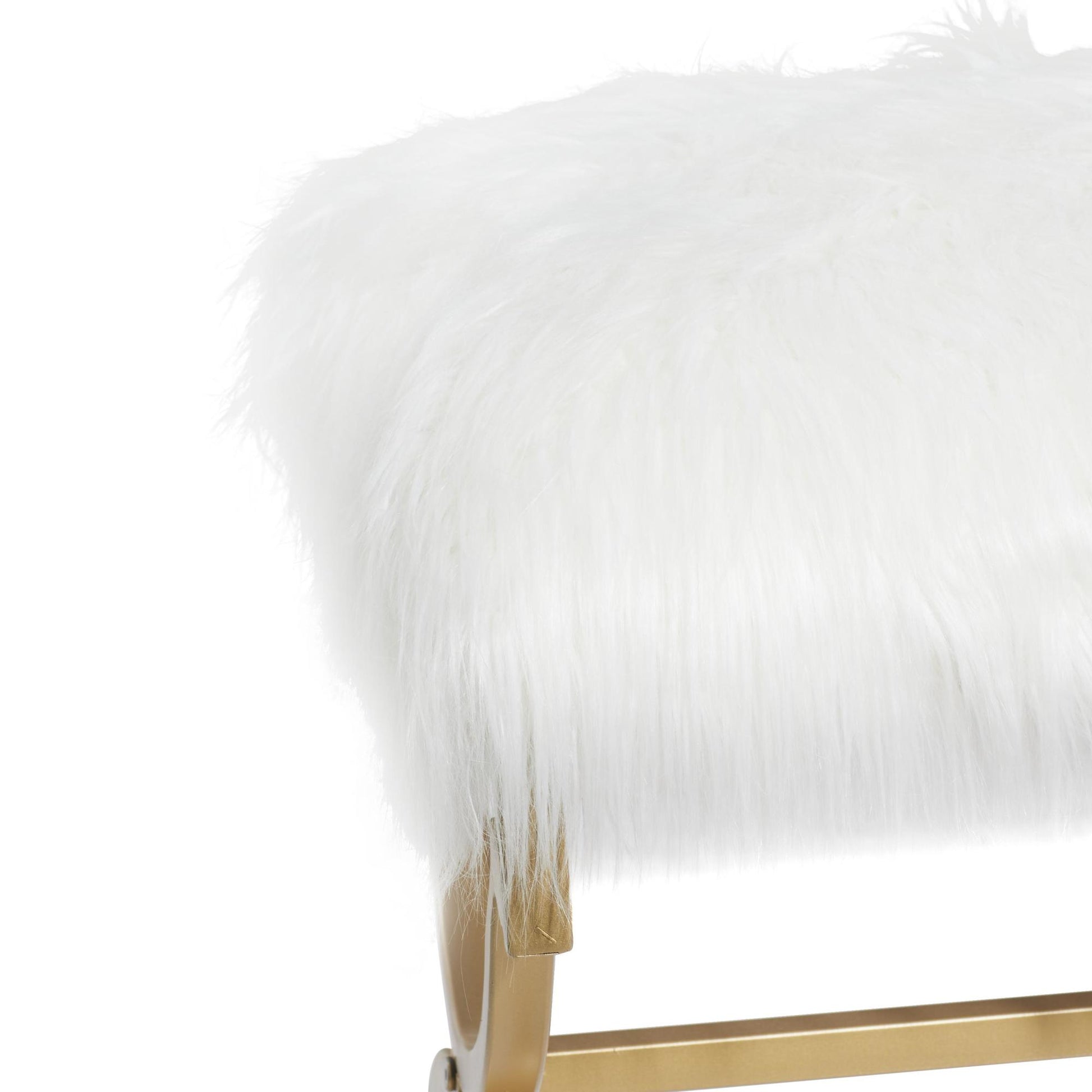 Gold Metal Home Bench with White Faux Fur Top