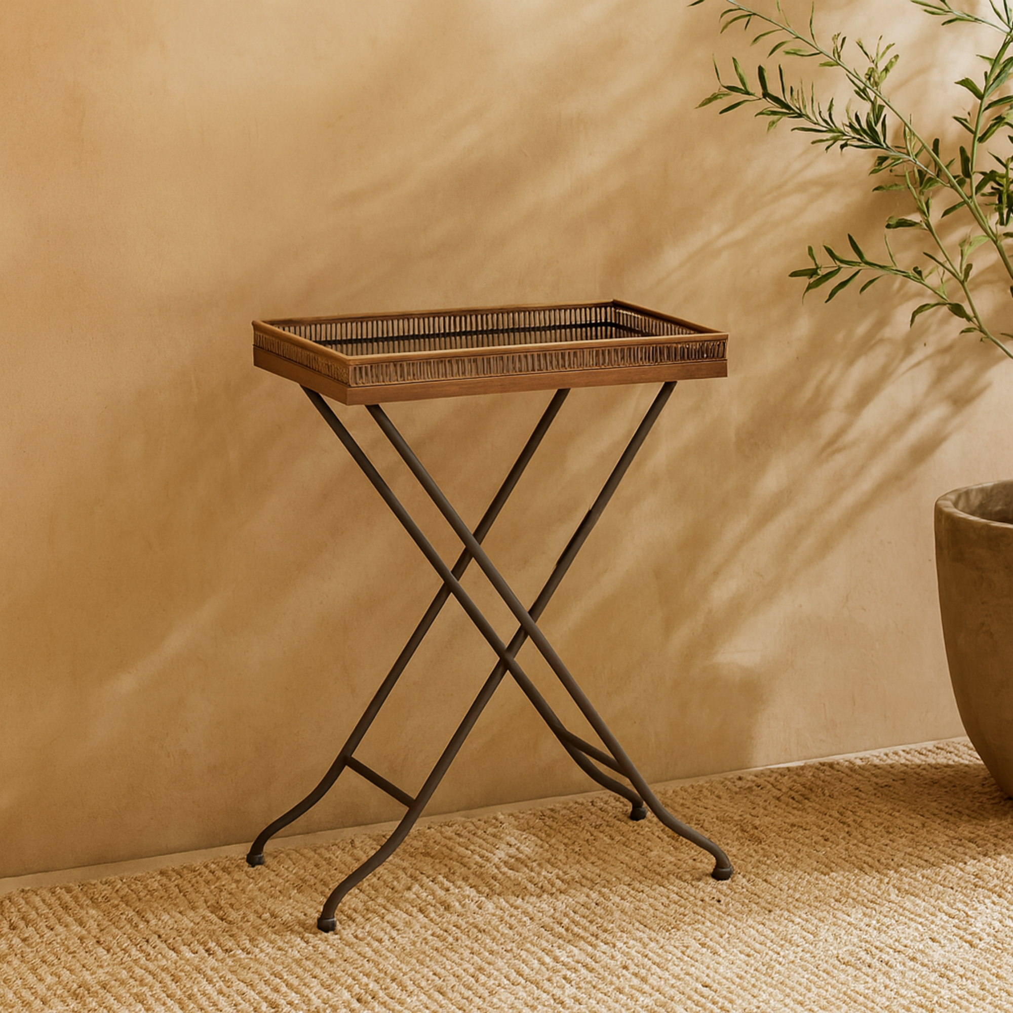 Brass Metal Side End Accent Table with Black Marble Tray Top and Metal Folding Legs