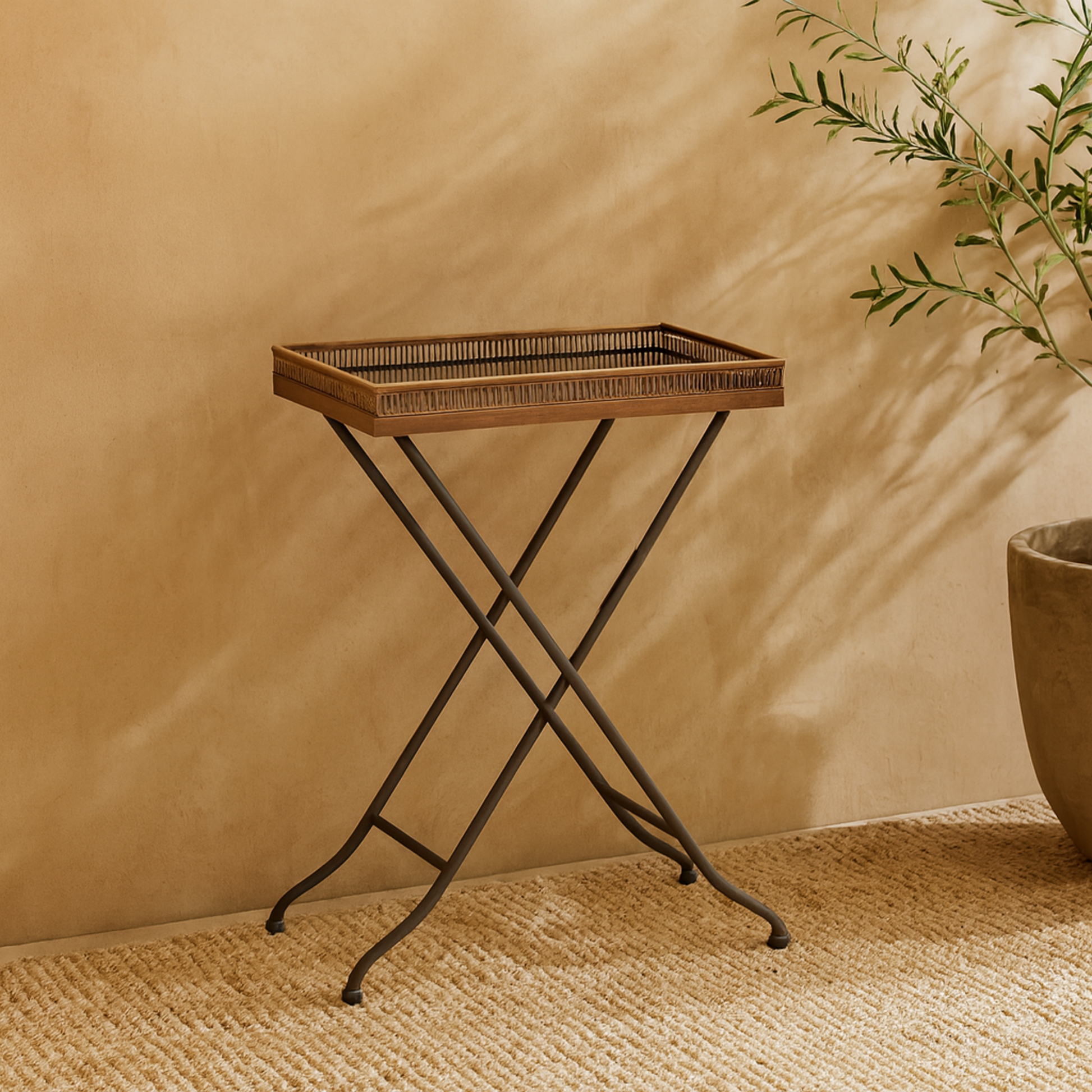 Brass Metal Side End Accent Table with Black Marble Tray Top and Metal Folding Legs