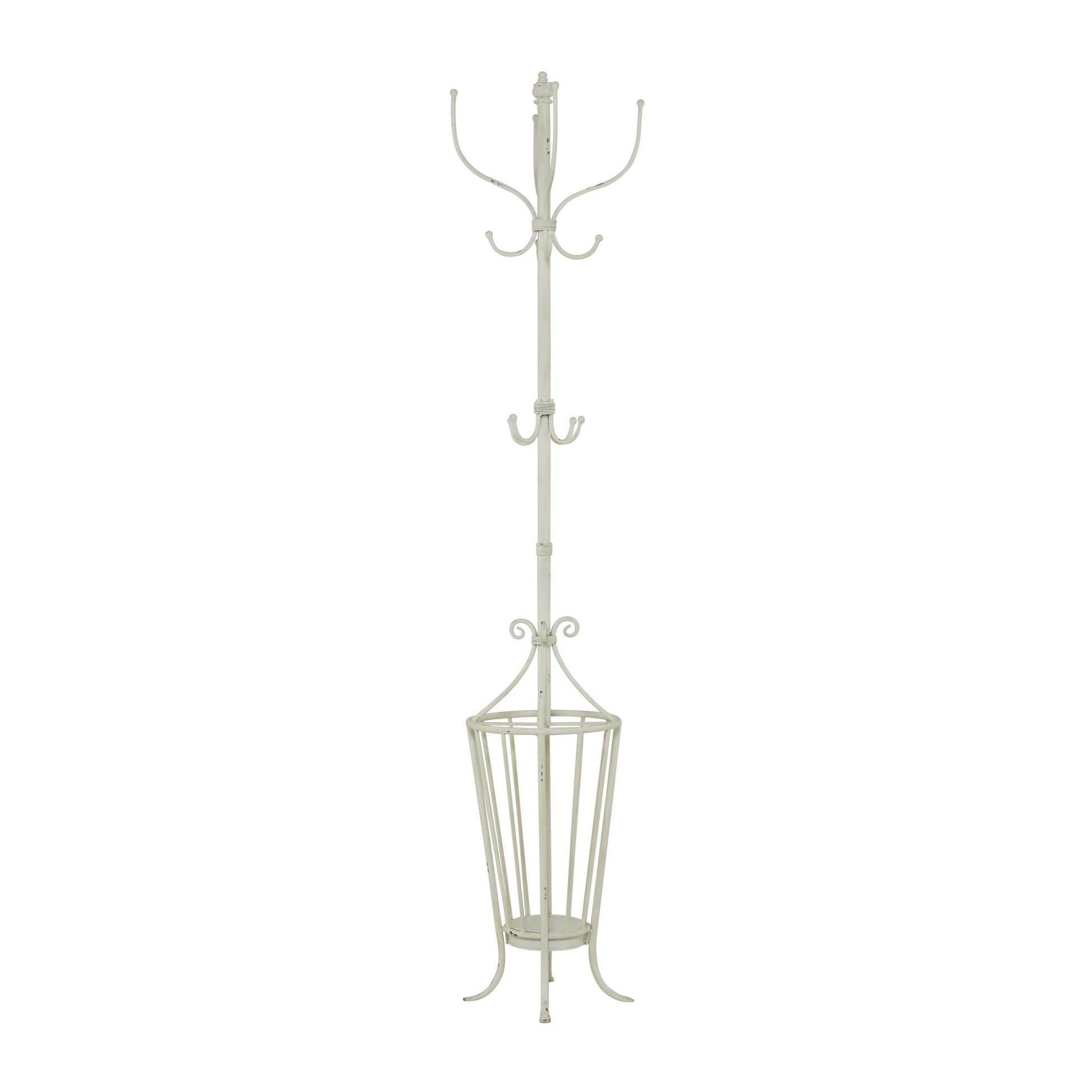 Scroll White Metal Vintage Style 12 Hook Freestanding Coat Rack with Umbrella Storage Base