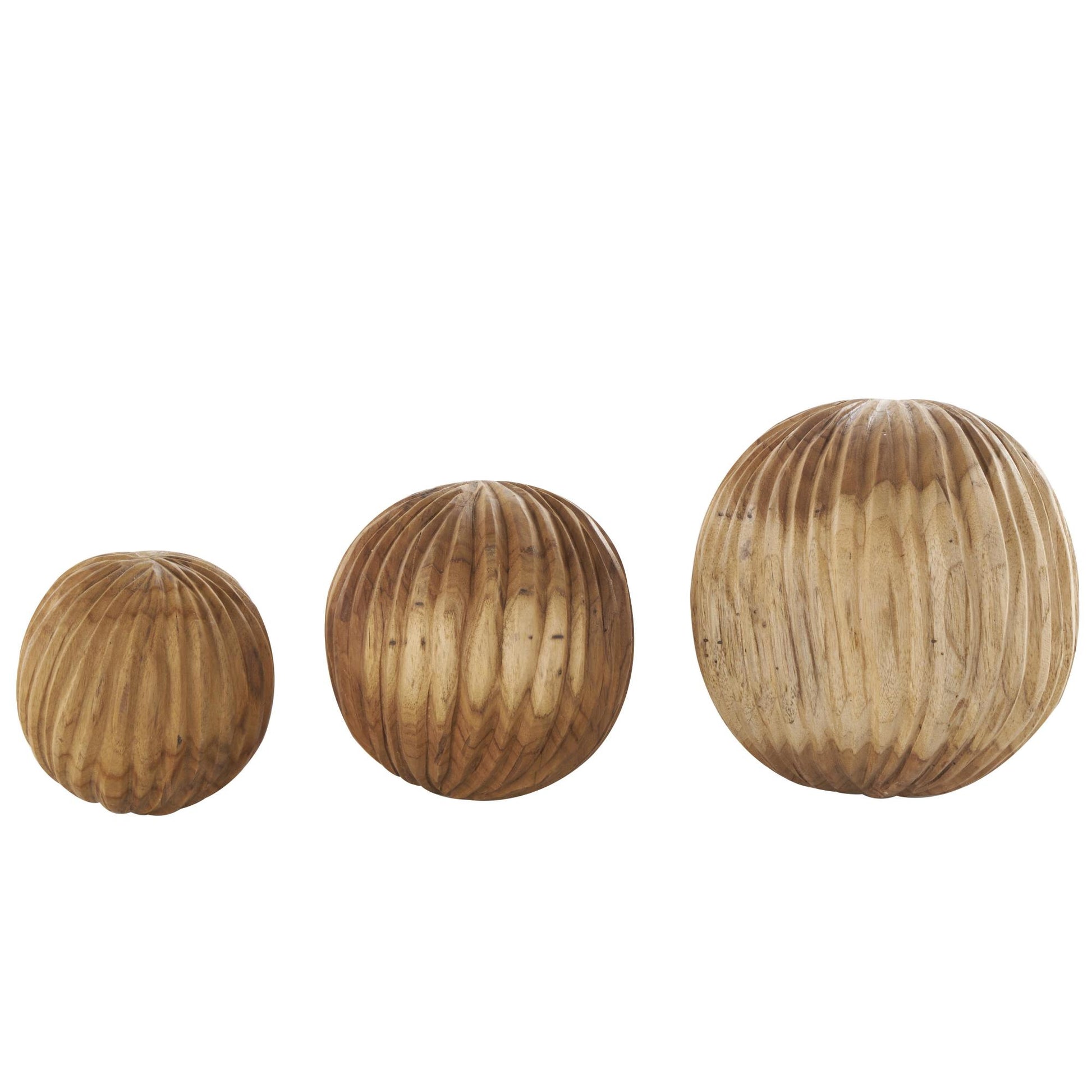 Set of 3 Teak Wood Handmade Carved Textured Decorative Orbs & Vase Filler with Wavy Ridges