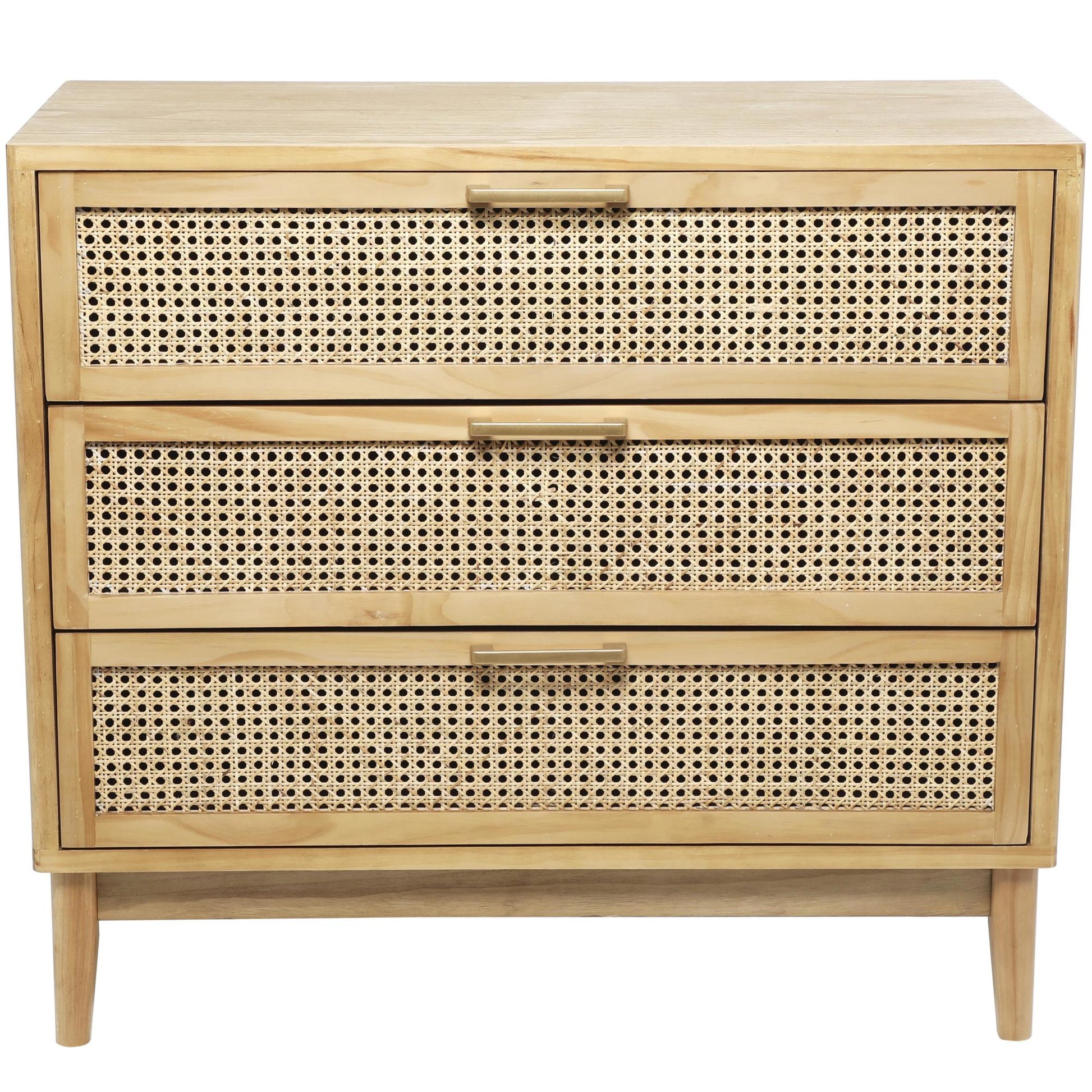 Wood 3 Drawer Room Chest with Beige Rattan Drawers and Gold Handles