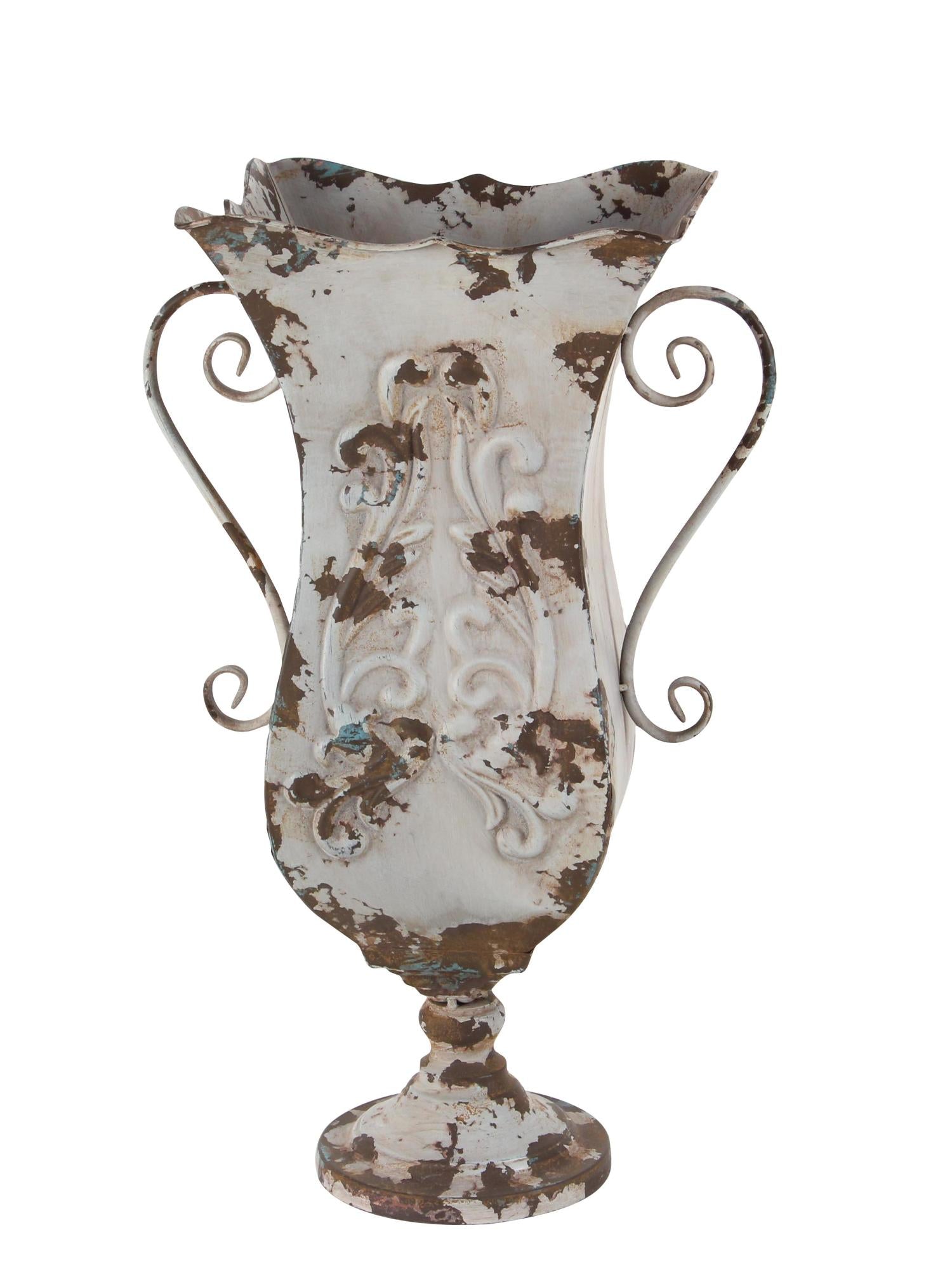 Scroll Beige Metal Distressed Decorative Vase