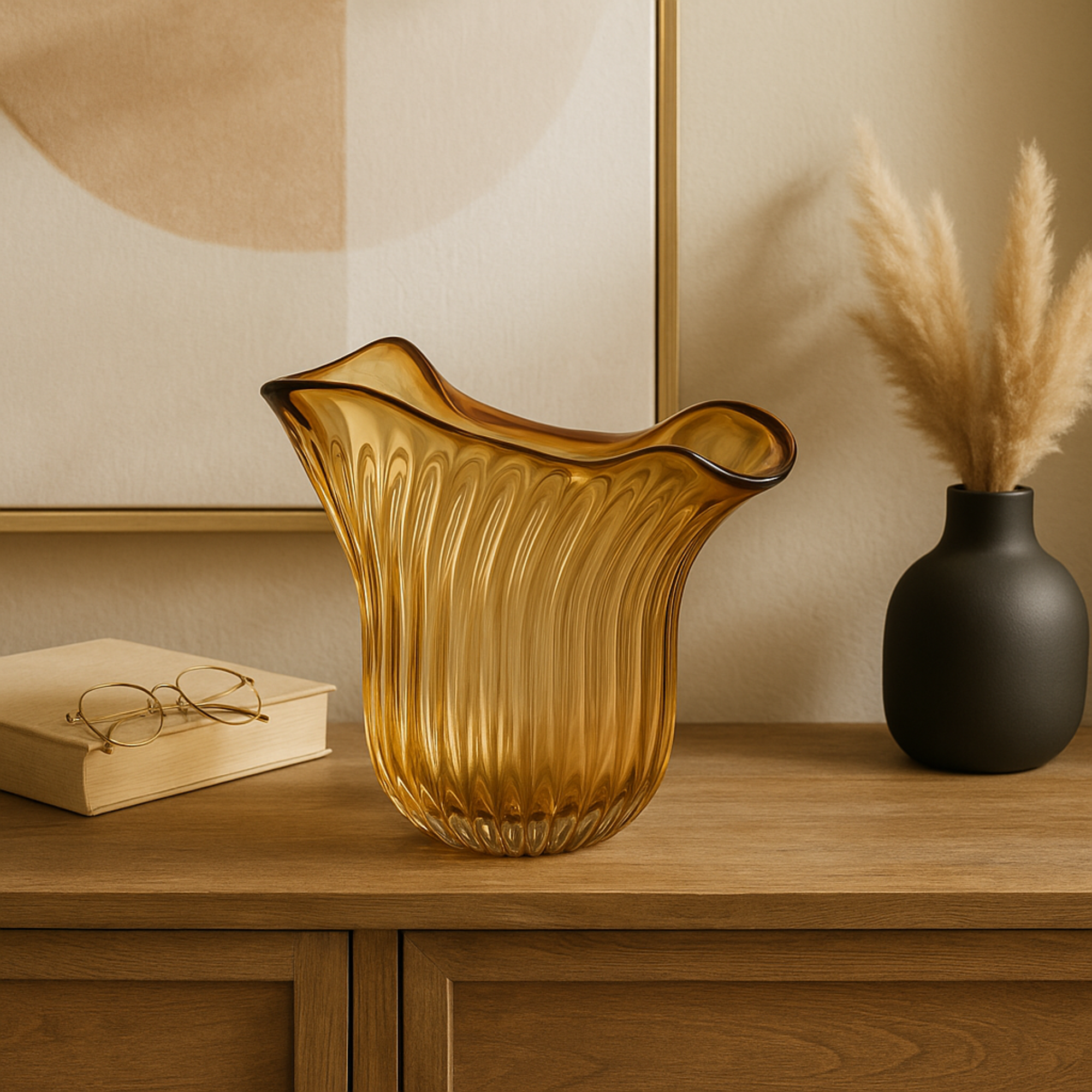 Abstract Orange Glass Ribbed Ombre Decorative Vase with Folded Curve Opening