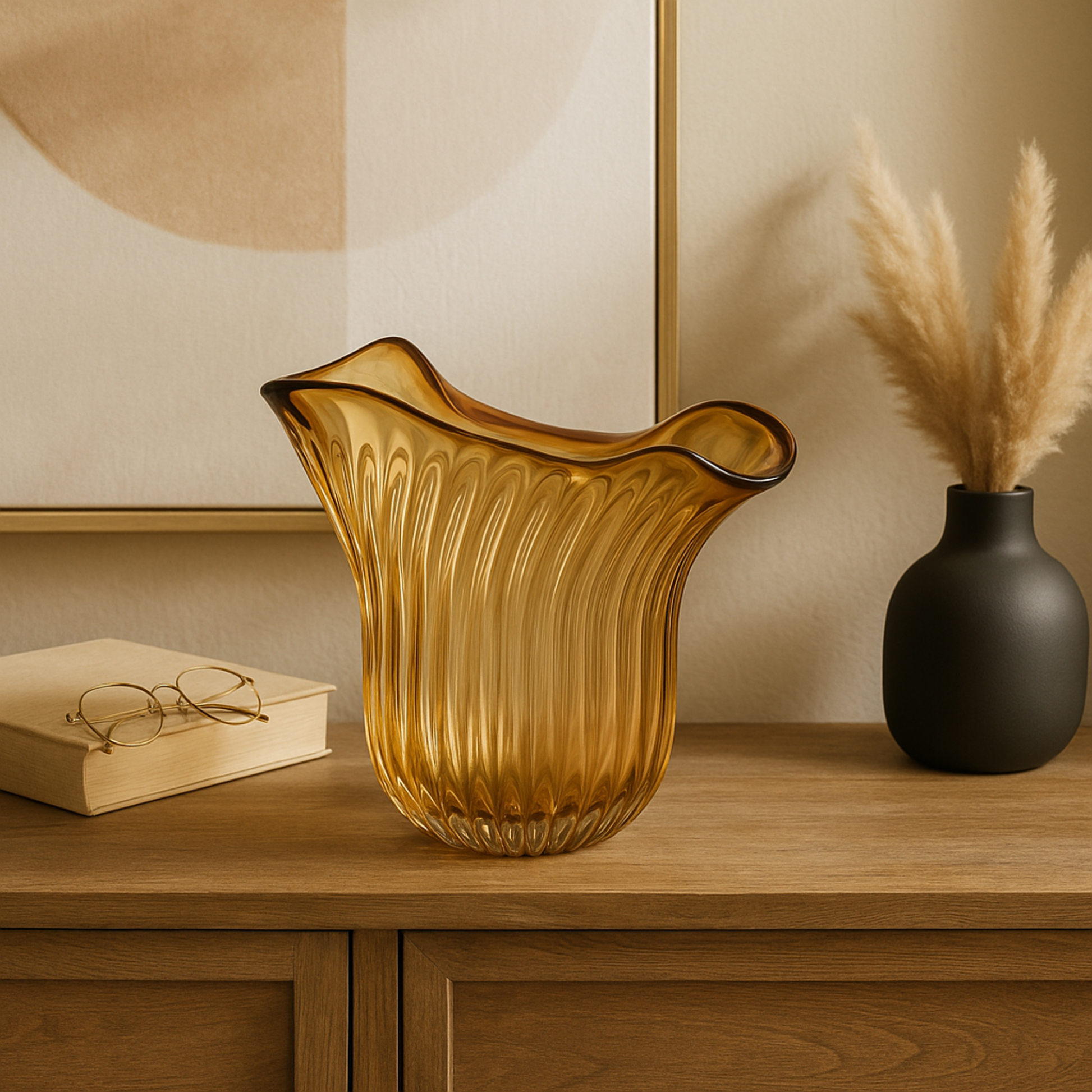 Abstract Orange Glass Ribbed Ombre Decorative Vase with Folded Curve Opening