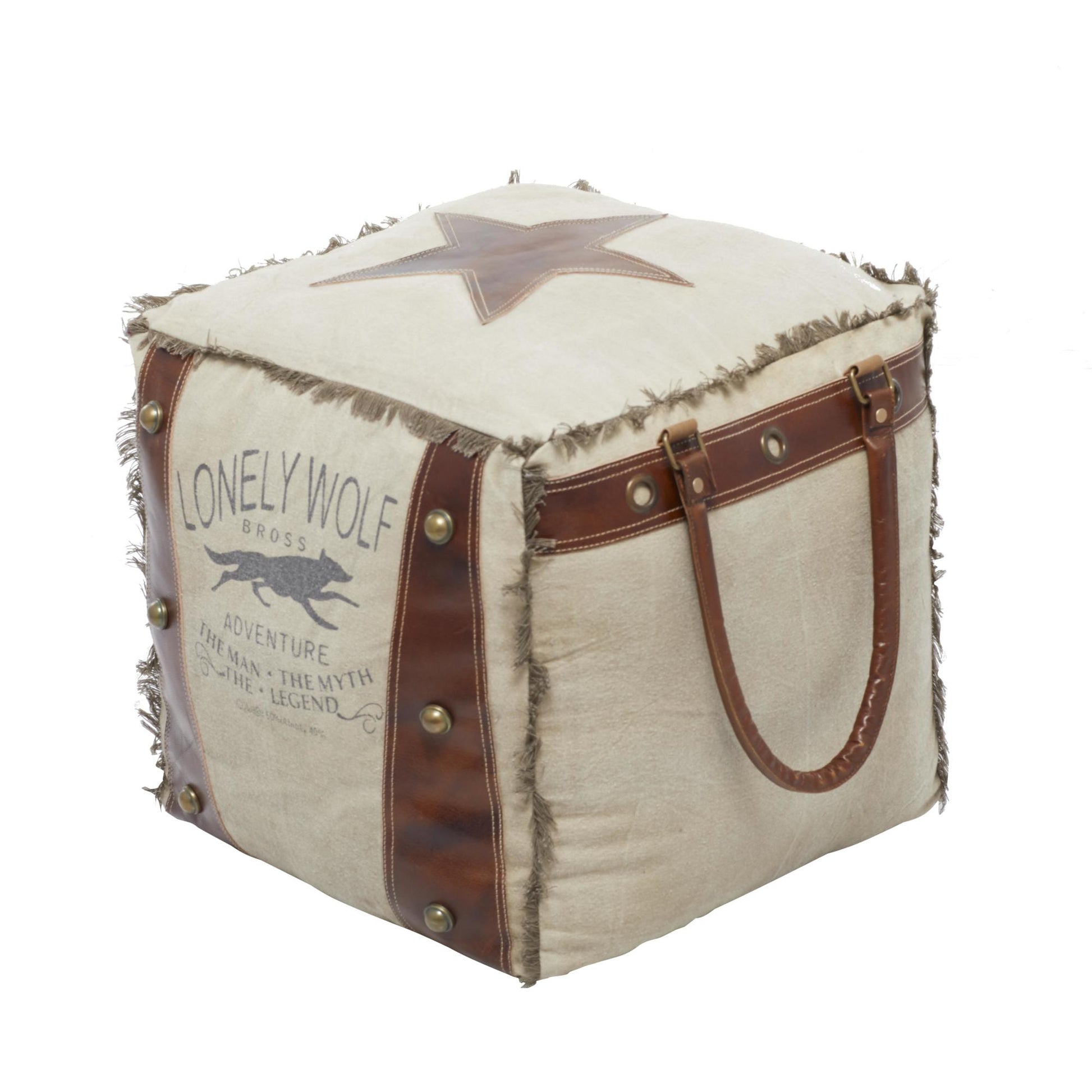 Star Canvas Stuffed Pouf with Leather Accents
