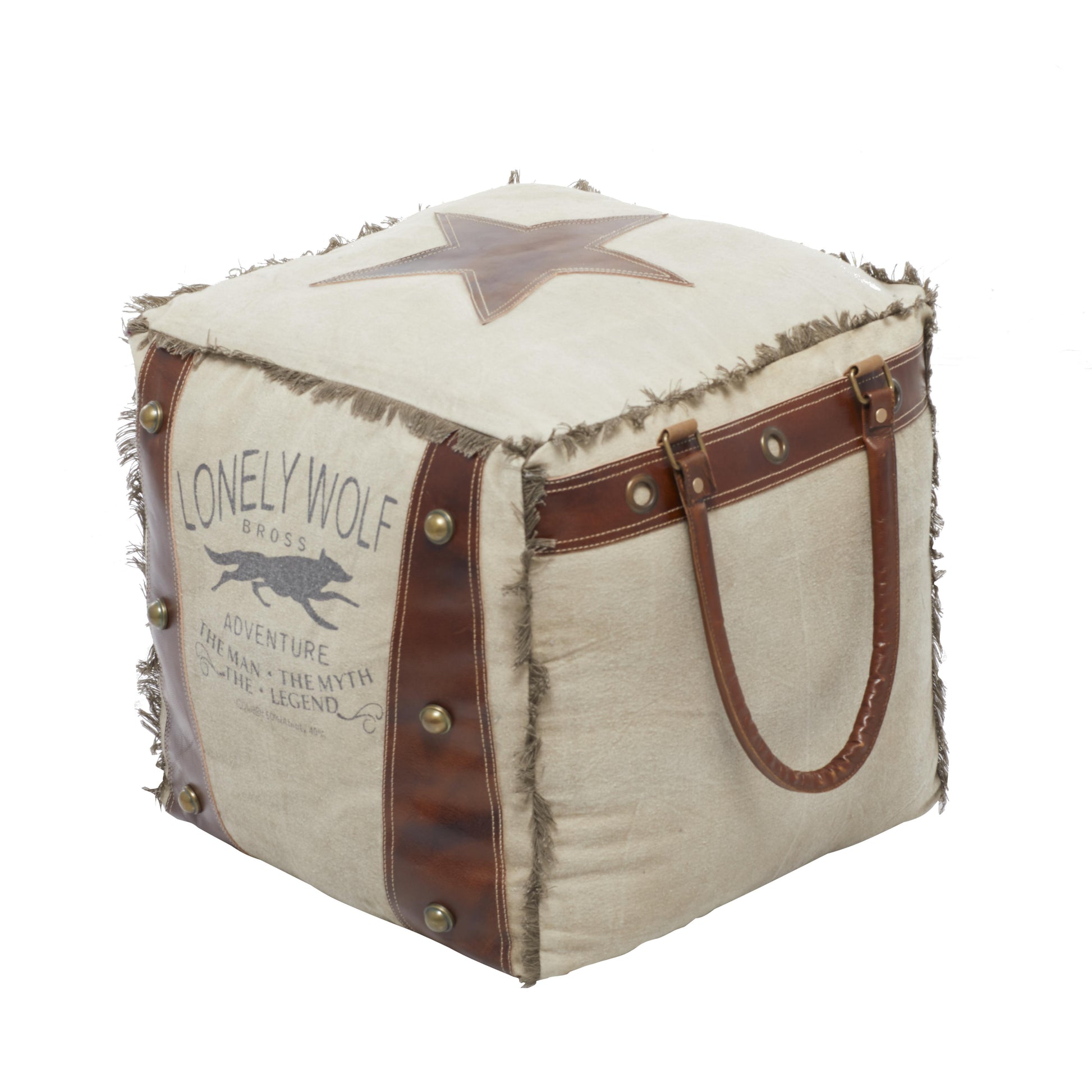 Star Canvas Stuffed Pouf with Leather Accents