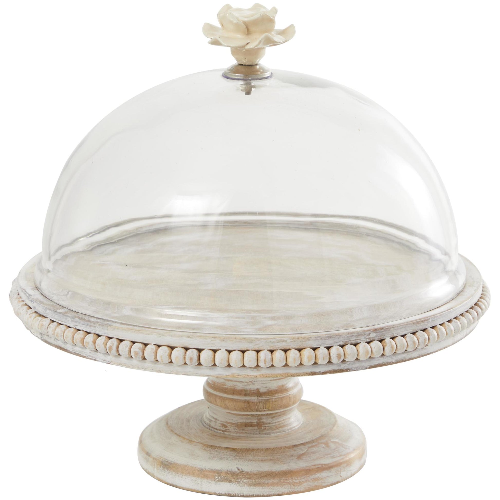 Floral Cream Mango Wood Decorative Cake Stand with Glass Dome