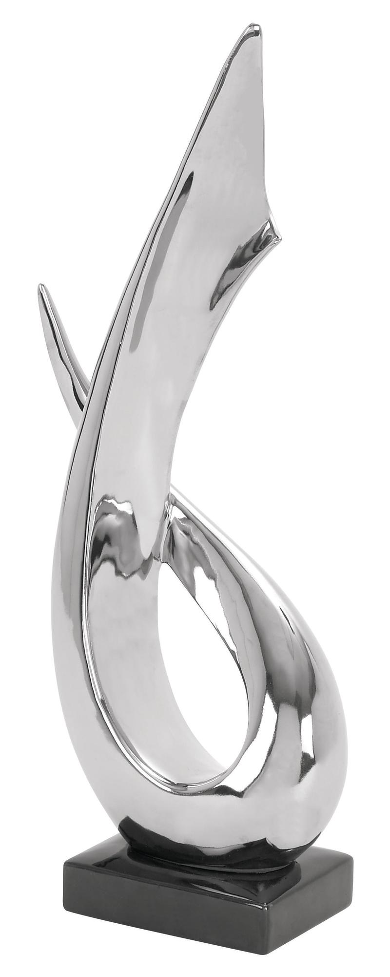 Abstract Silver Porcelain Ceramic Decorative Sculpture with Black Base