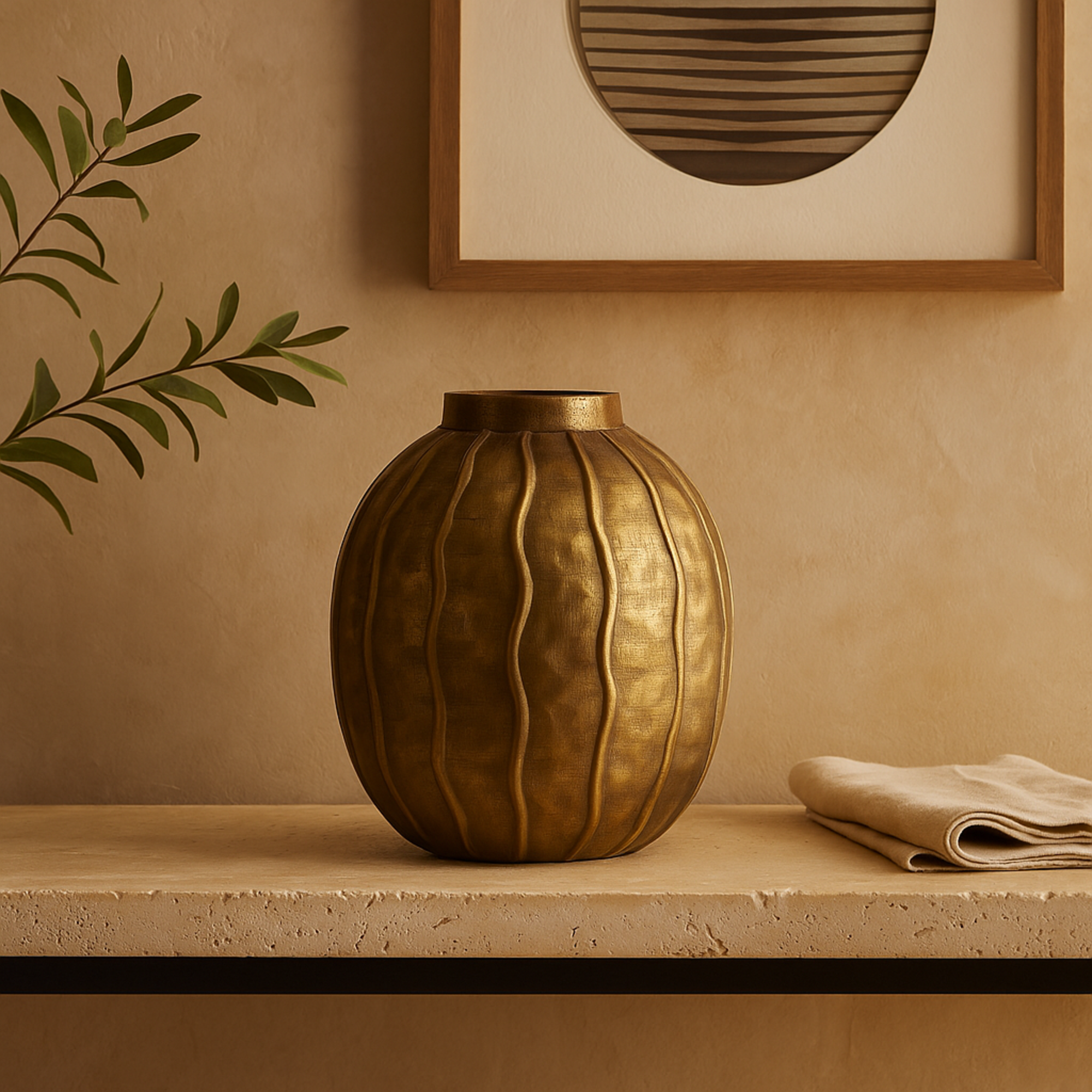 Brass Metal Snakeskin Inspired Decorative Vase with Dimensional Wavy Accents