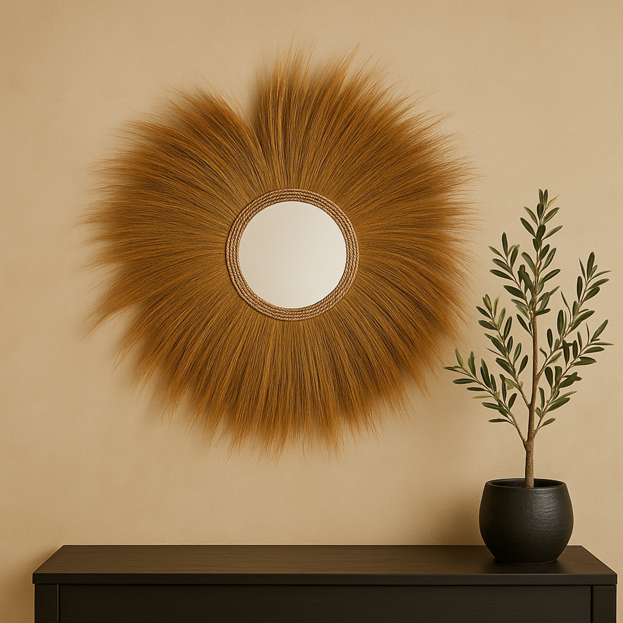 Brown Dried Plant Tribal Inspired Sunburst Grass Room Wall Mirror with Coiled Rope Center