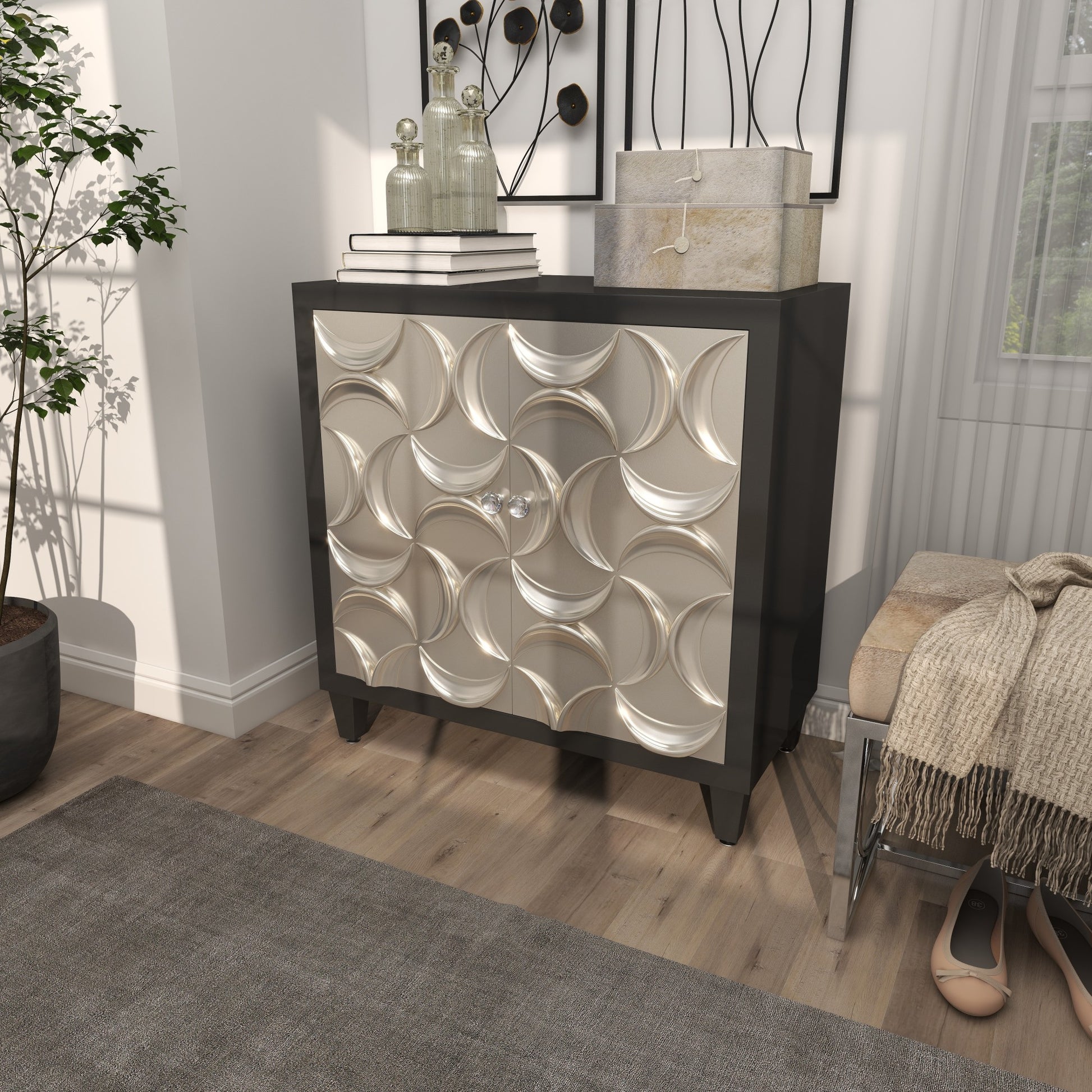 Moon Black Wooden Silver Crescent Relief Design 2 Door Room Cabinet with Crystal Knob Handles