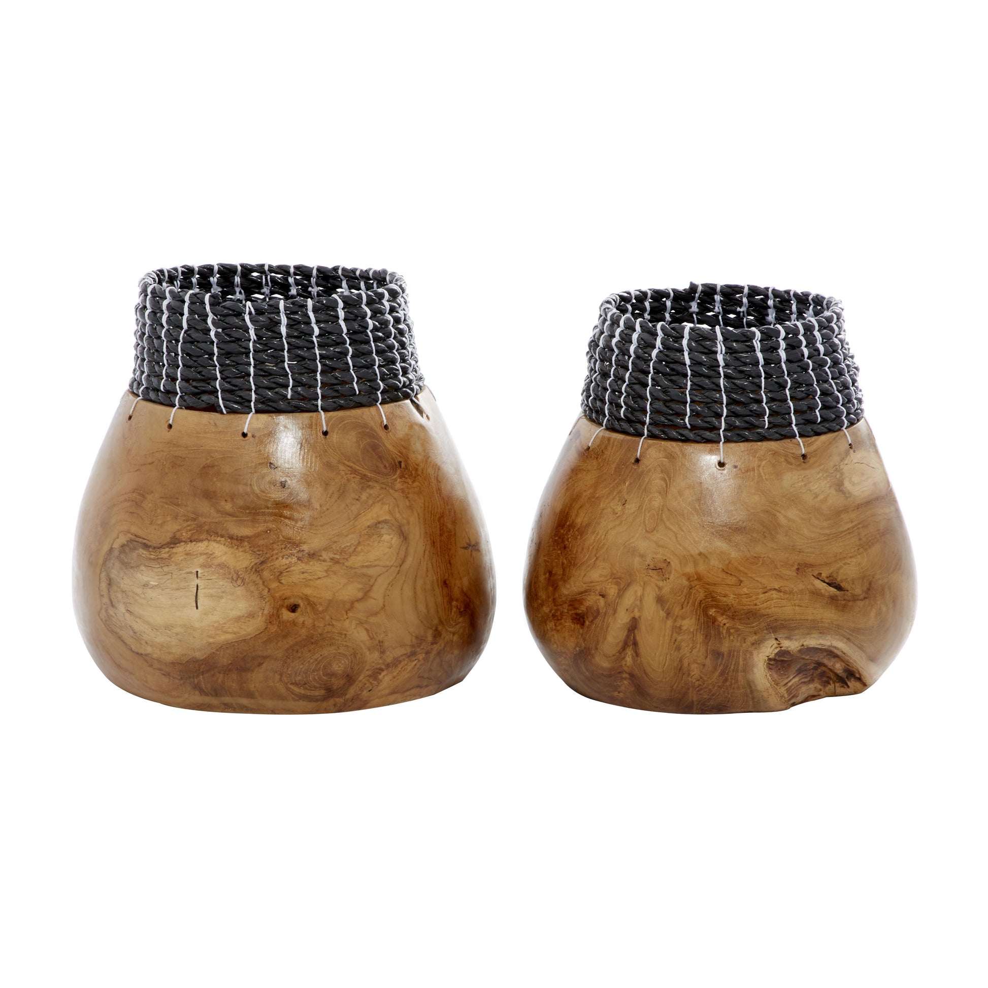 Set of 2 Wood Handmade Decorative Vase with Black Seagrass Accents
