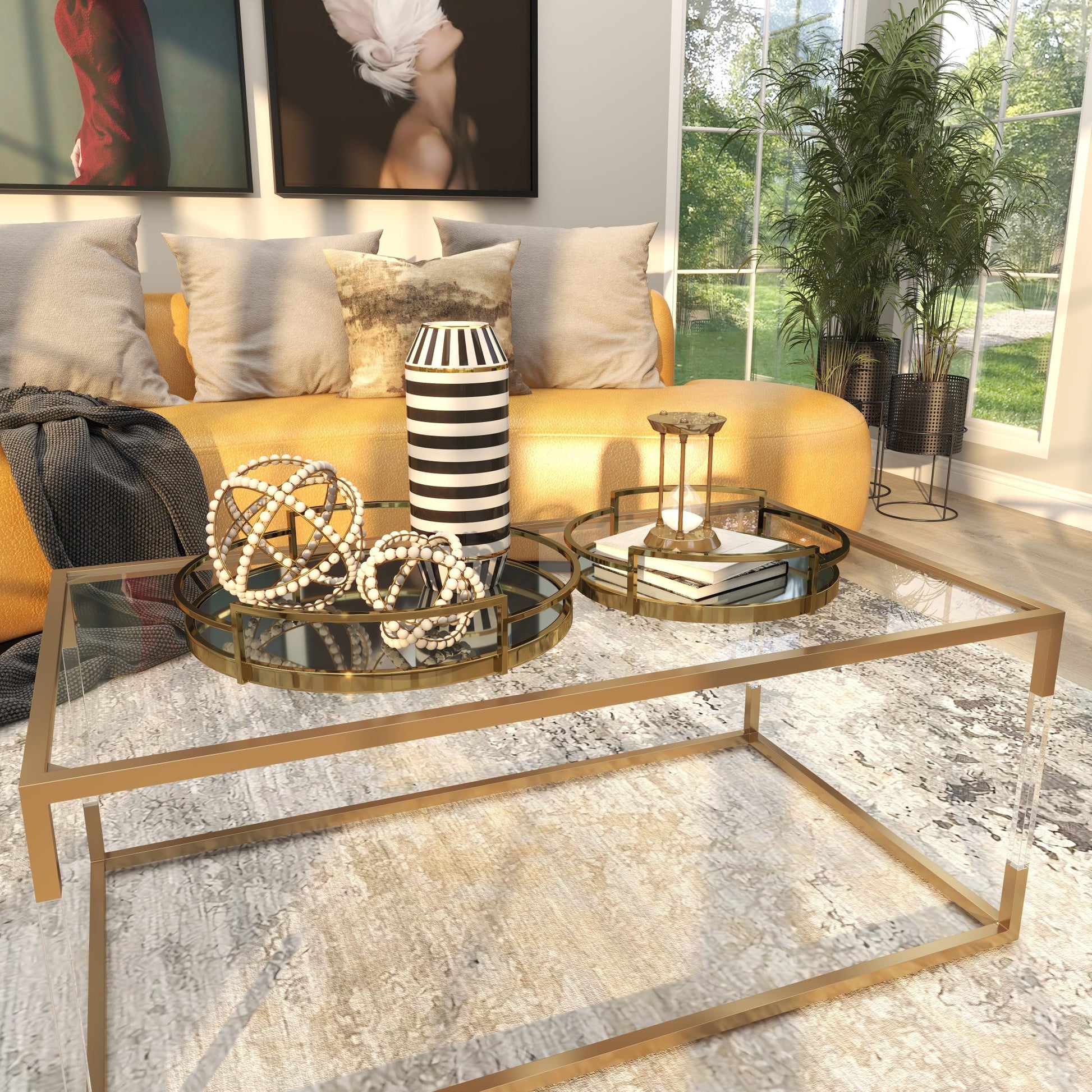 Set of 2 Stainless Steel Metal Round Mirrored Living Room Decor Tray with Elevated Rim and Handles