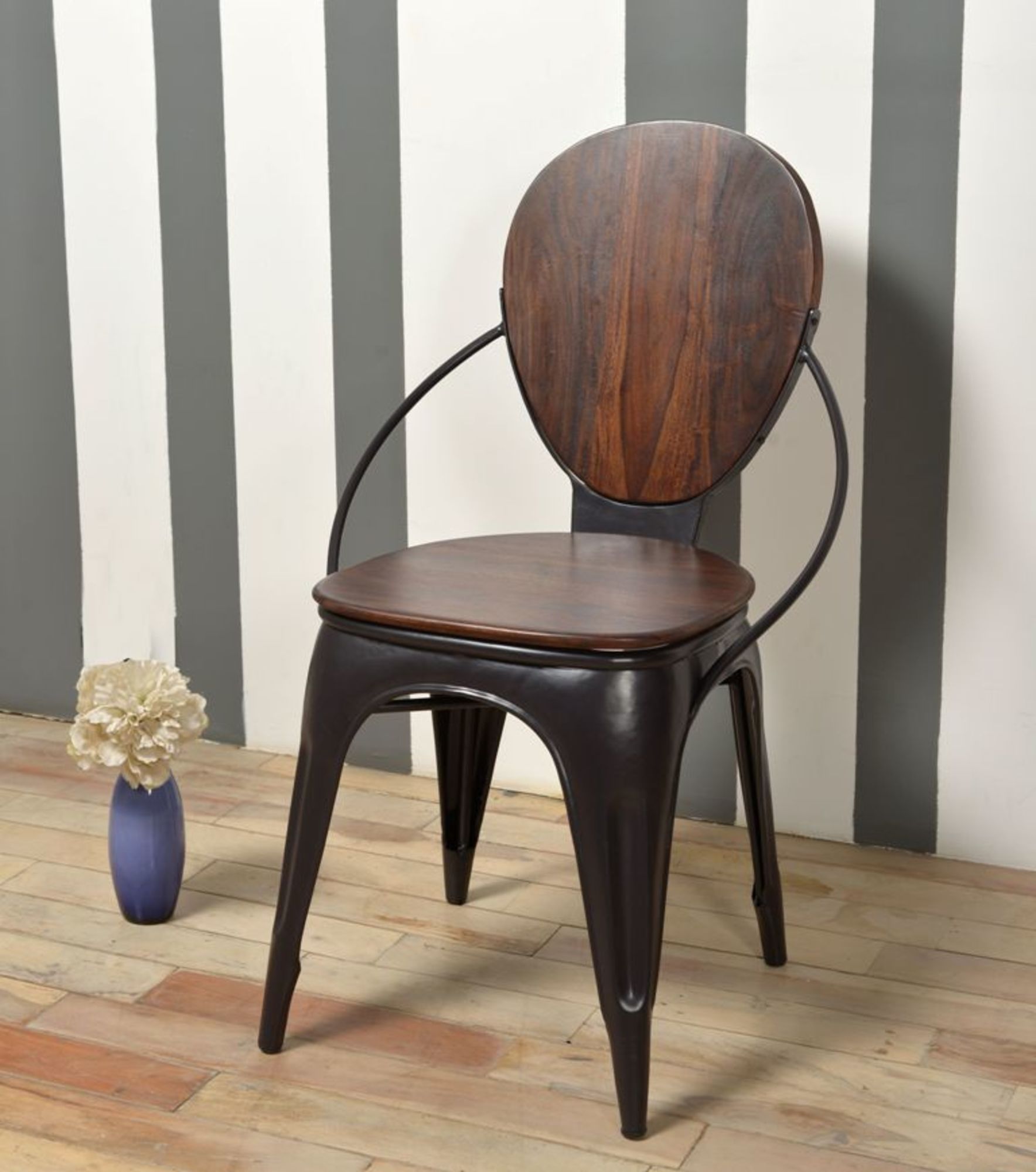 Set of 2 Brown Sheesham Wood Rounded Kitchen Dining Chair with Gunmetal Tapered Legs and Curved Support