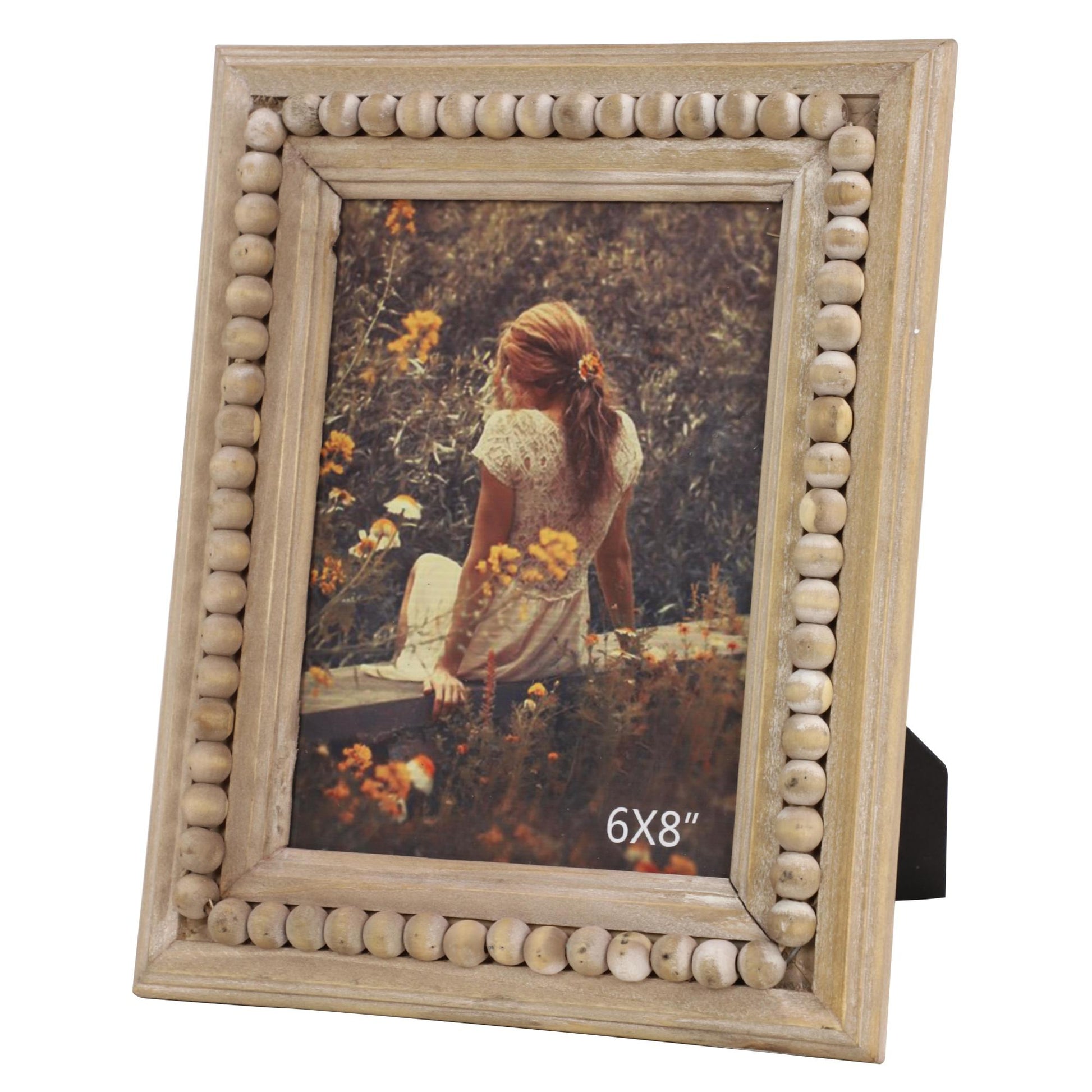 Light Brown Wood Beaded 1 Slot Ornate Photo Frame