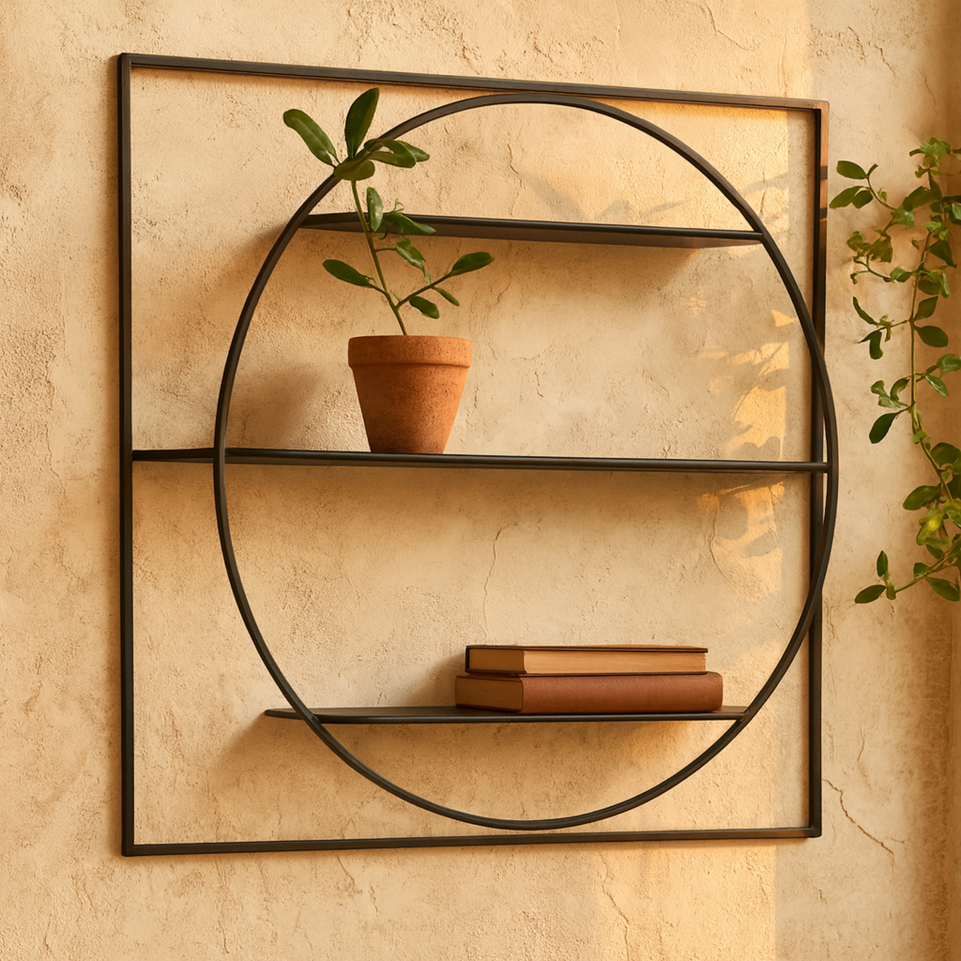 Geometric Black Metal Square 3 Shelf Room Wall Shelf with Circle Frame