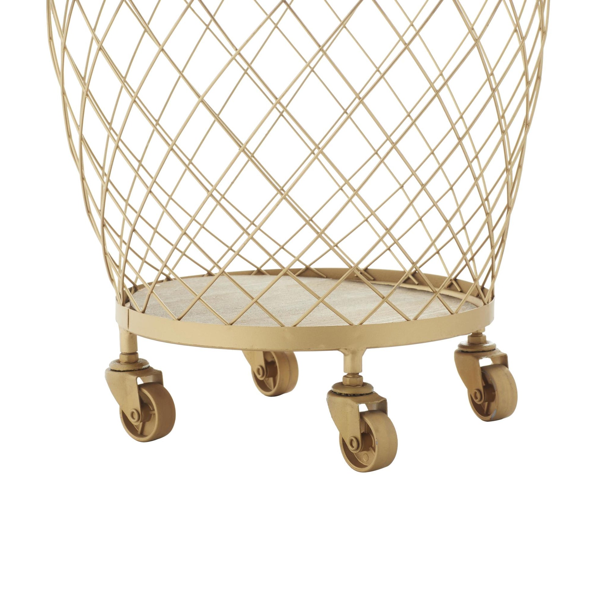 Set of 2 Gold Metal Mobile Wire Basket Mobile Storage Cart with Wood Interior