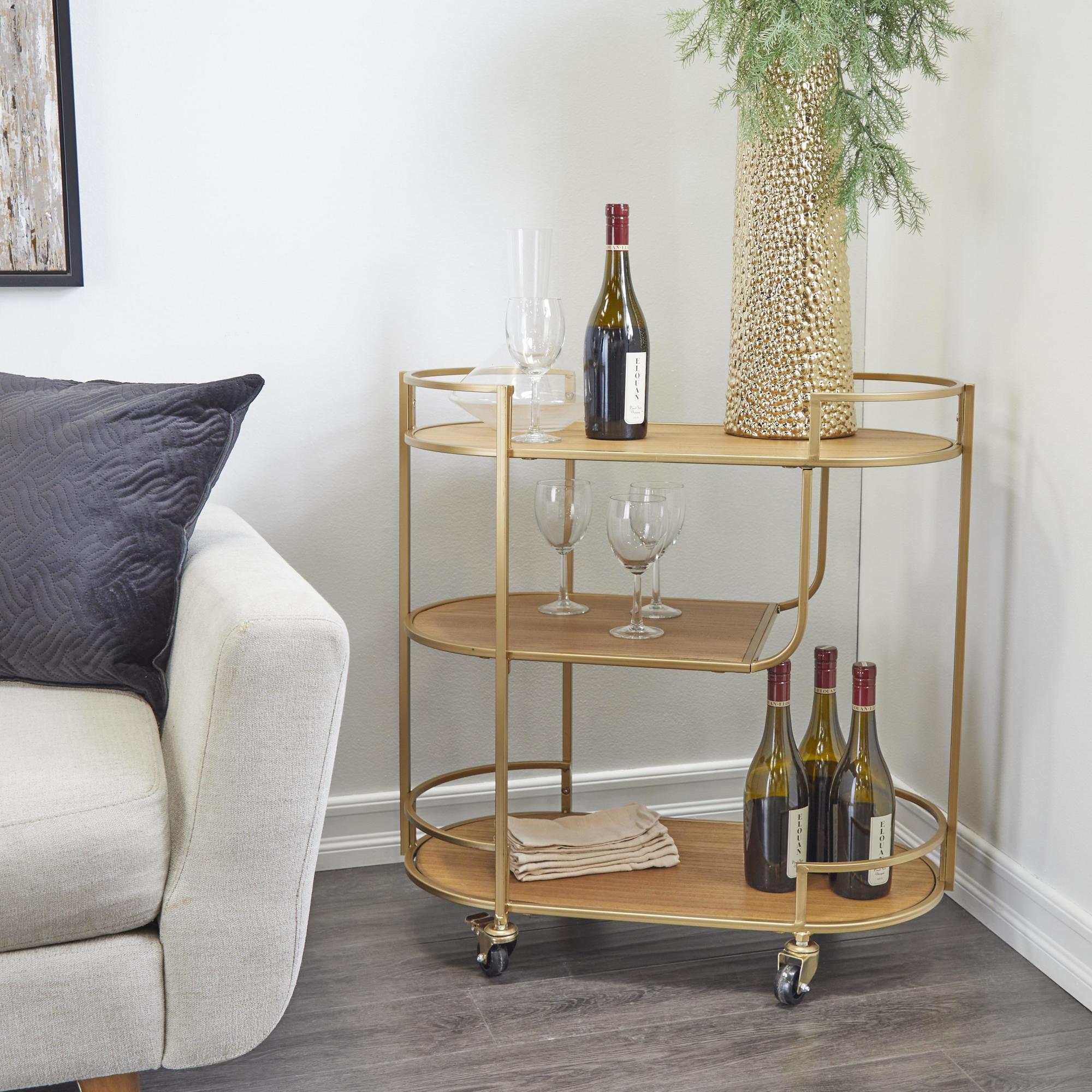 Gold Wood Rolling 3 Shelf Home Bar Cart with Handles