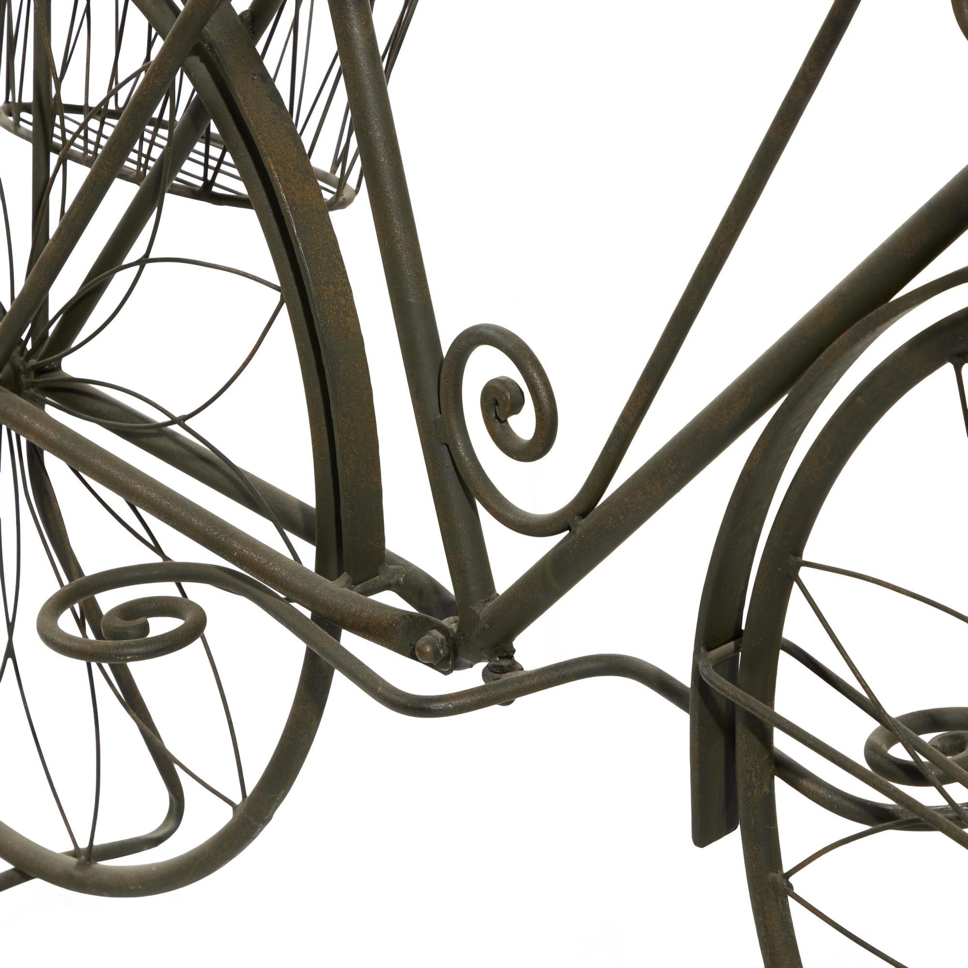 Bike Brown Metal Wire Floral Scrolled Indoor Outdoor Plantstand with Basket and Saddle Bag Planters