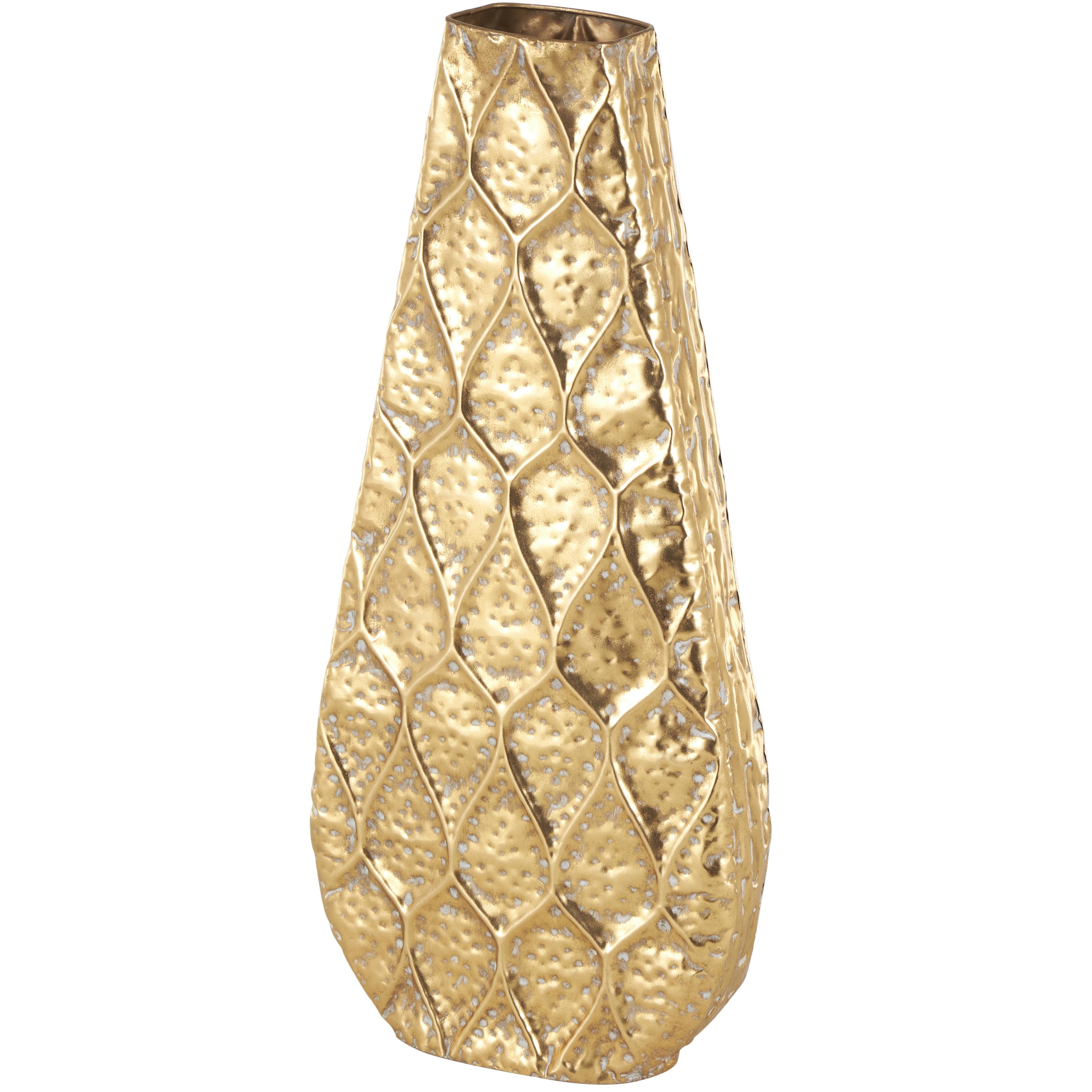 Gold Metal Textured Concaved Teardrop Decorative Vase with Peacock Inspired Design