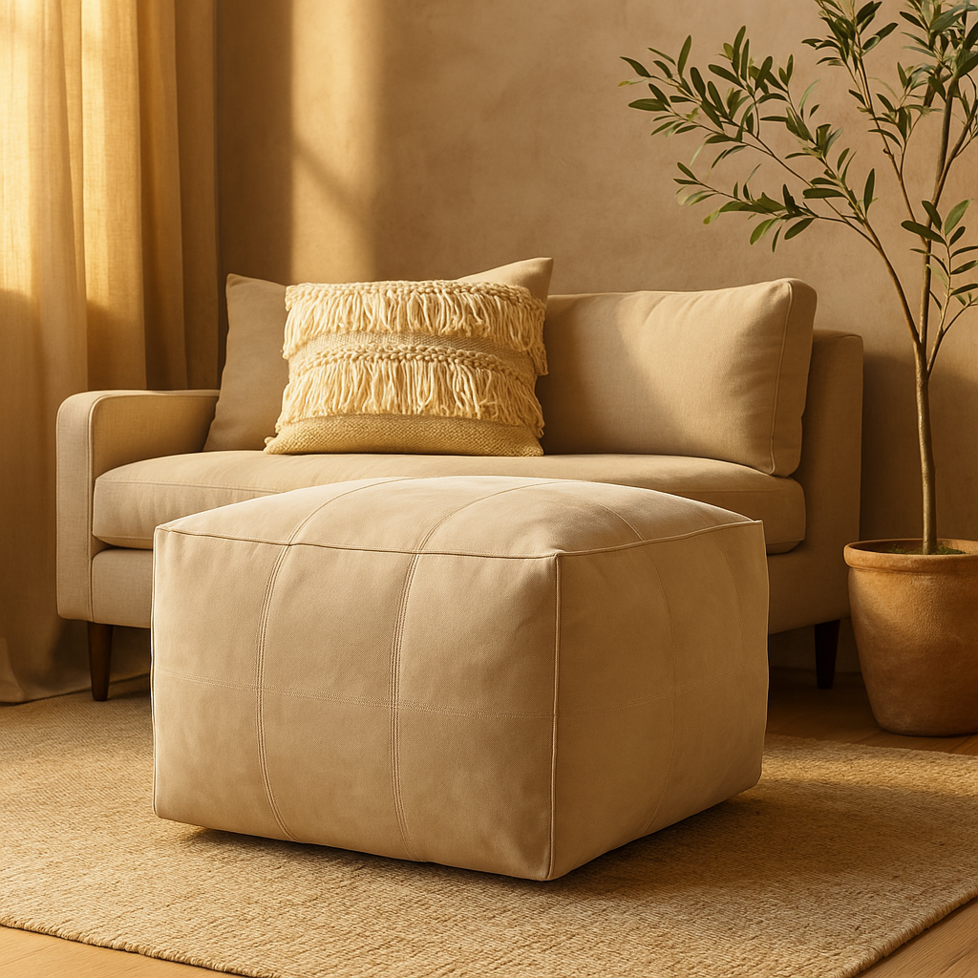 Leather Low Profile Square Stuffed Pouf with Patchwork Design