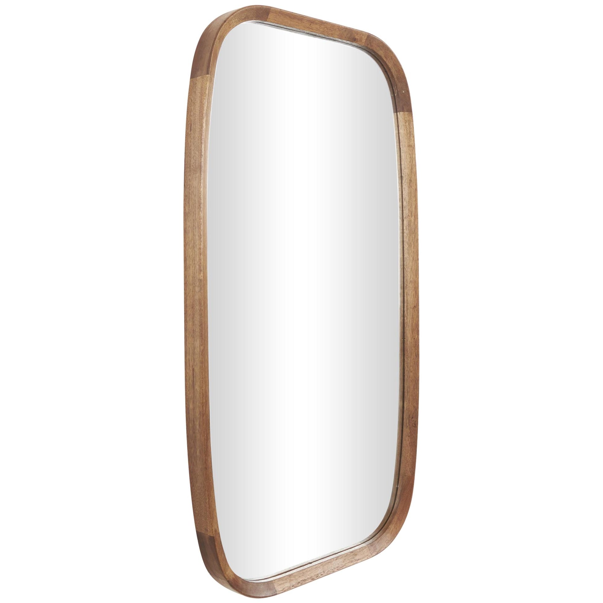 Brown Wooden Room Wall Mirror with Natural Wood Grain and Rounded Edges